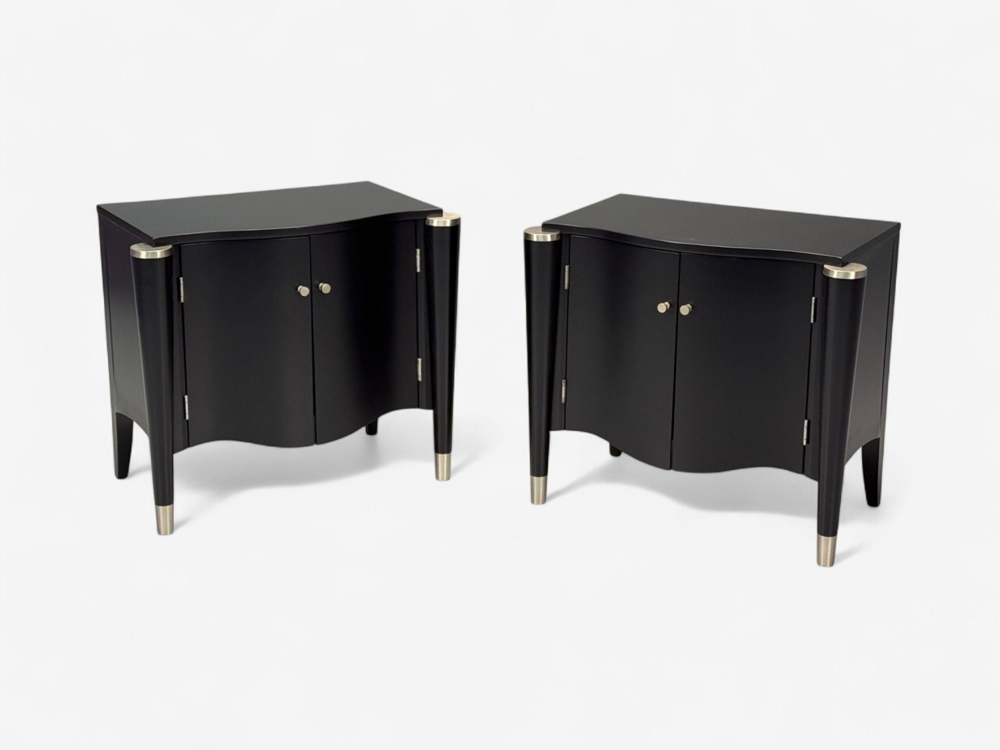 Hollywood Regency, Black Lacquer, Chrome, Nightstands, USA, 1970s