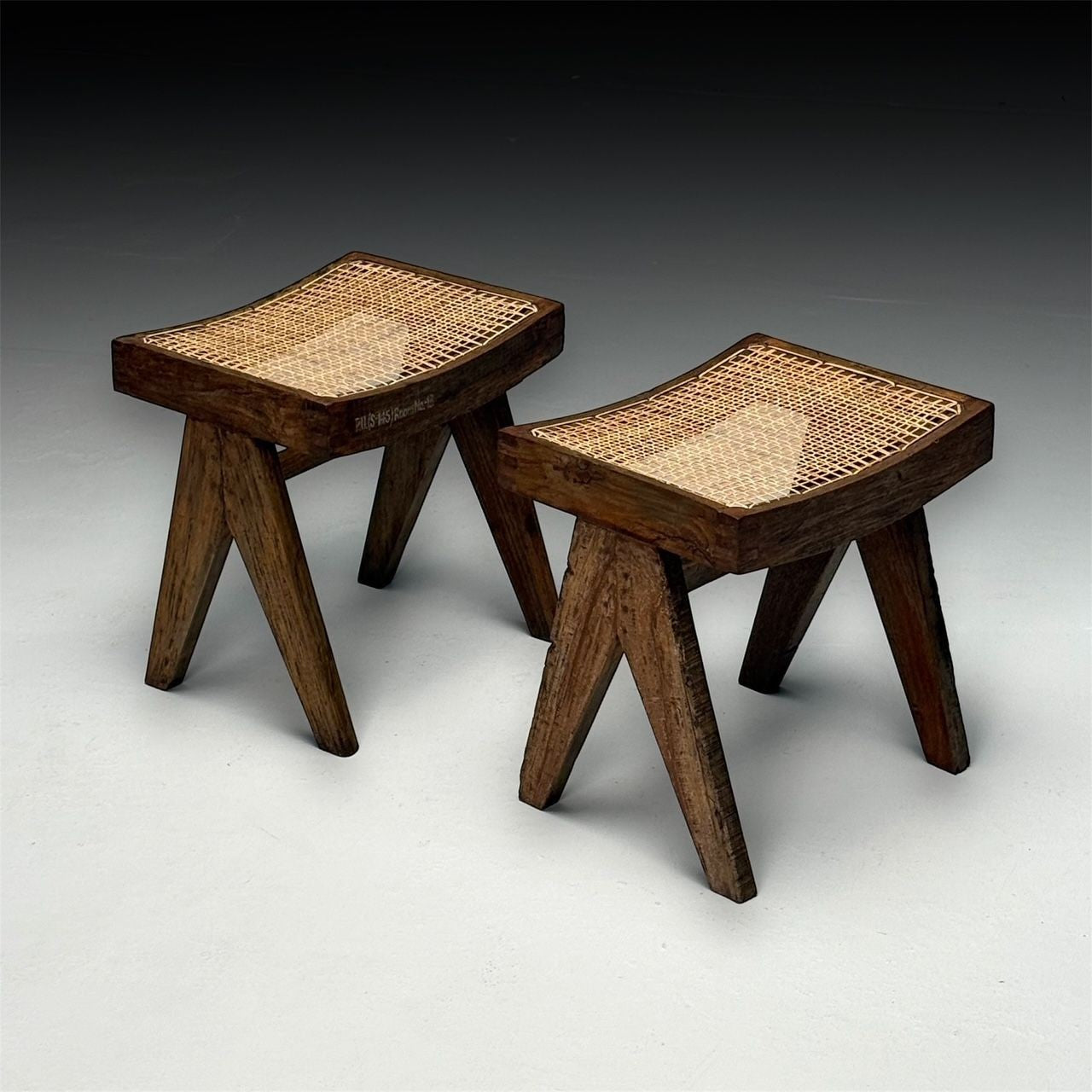 Pierre Jeanneret, French Mid-Century Modern, Footstools, Teak, Cane, Chandigarh