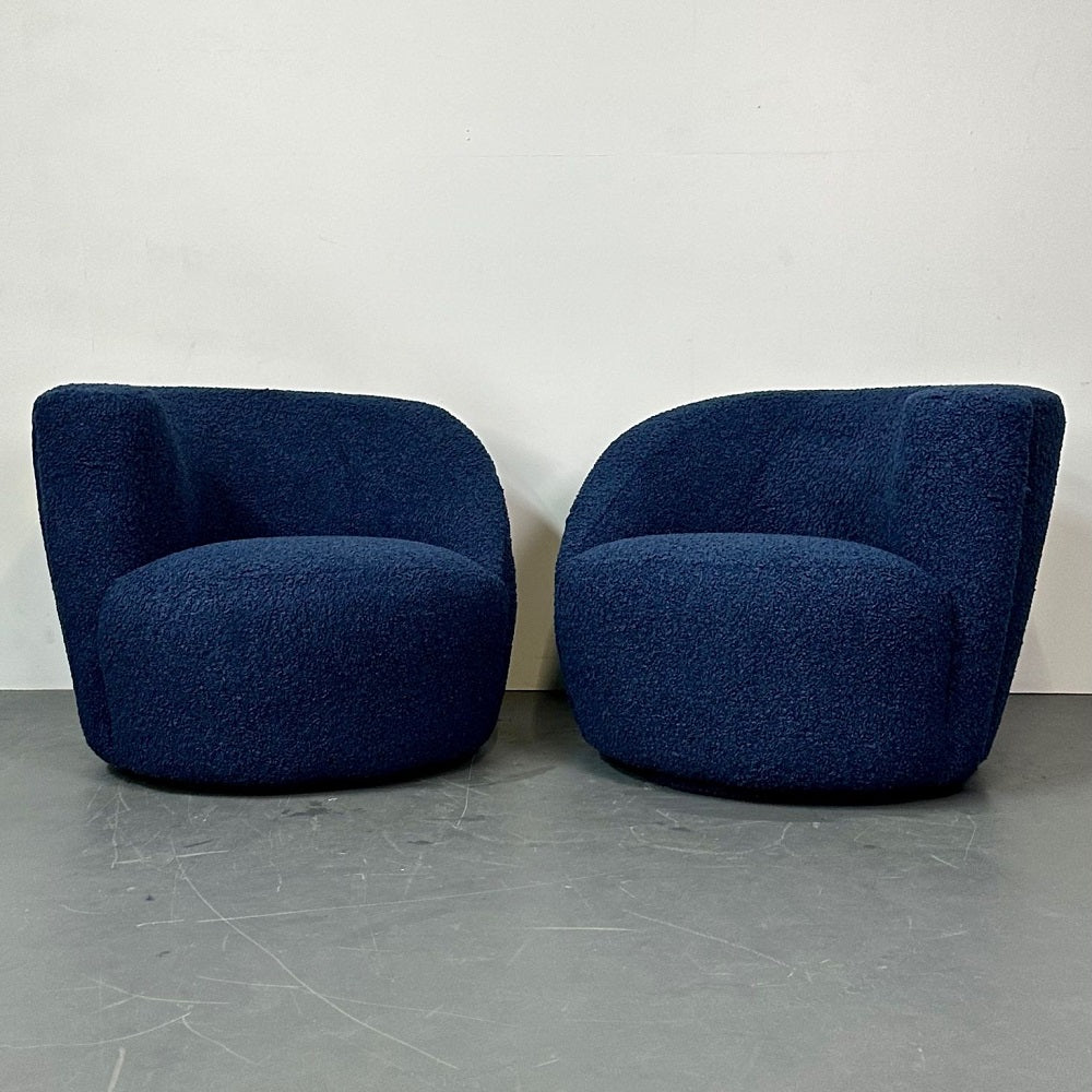 Pair of Mid-Century Modern Nautilus Style Swivel / Lounge Chairs, Blue Faux Fur