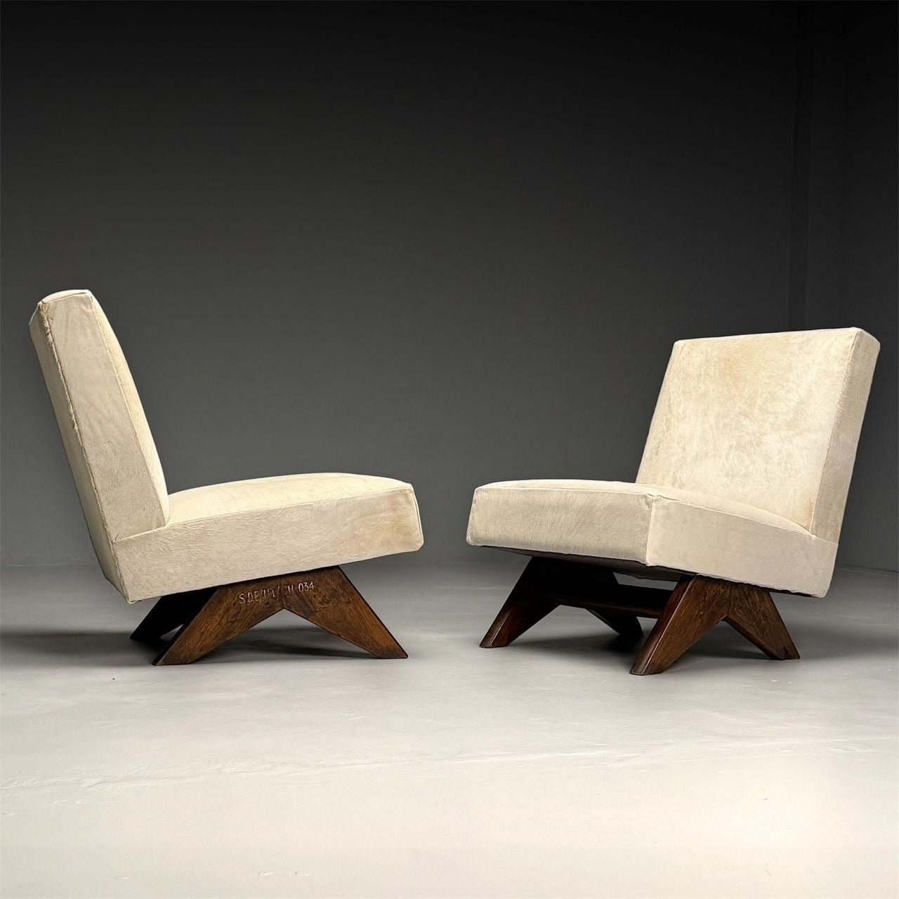 Pierre Jeanneret, French Mid-Century Modern, Slipper Chairs, White Cowhide, Teak