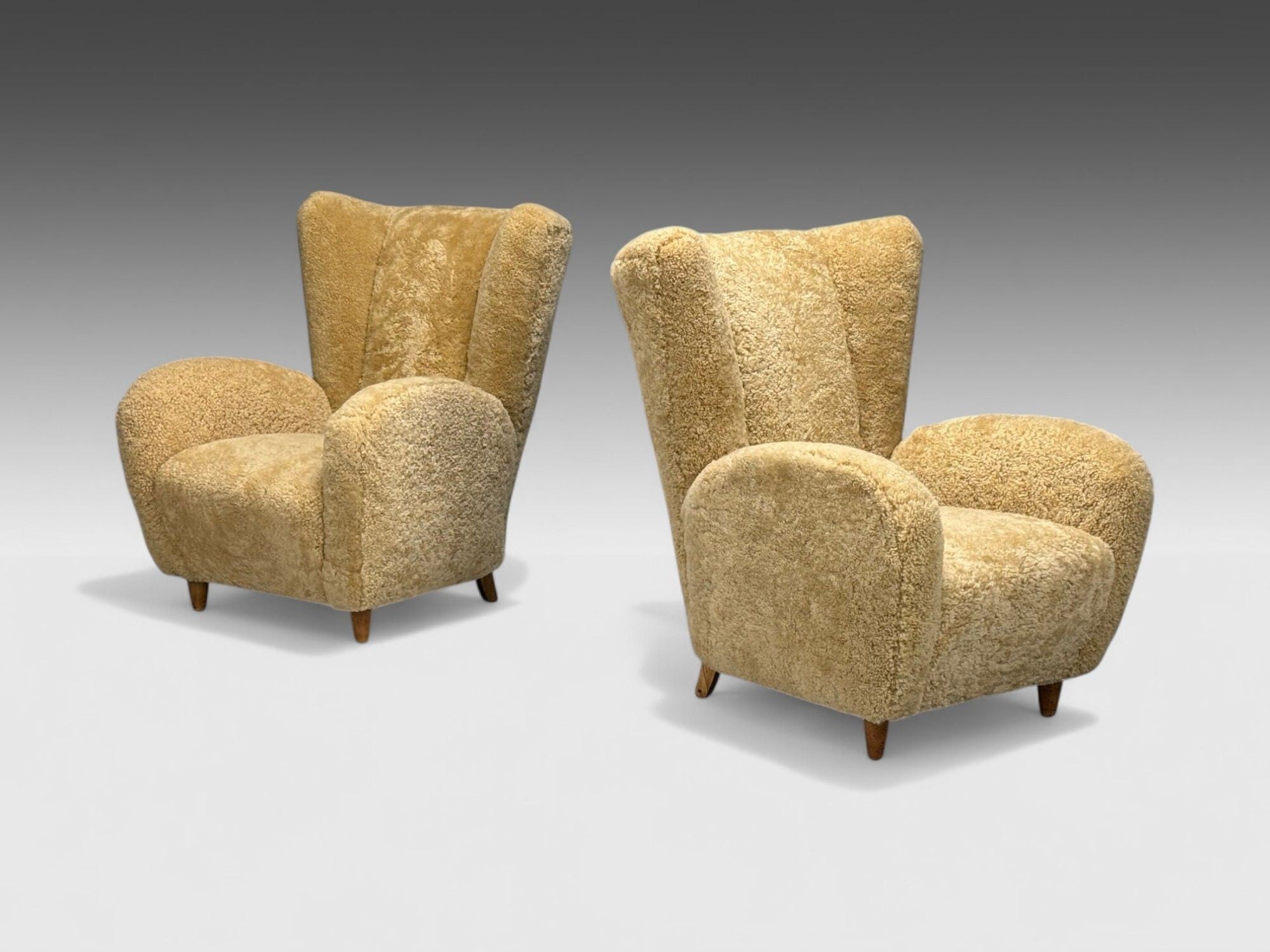 Meroni & Fossati, Beige Shearling, Stained Wood, Lounge Chairs, Italy, 1950s
