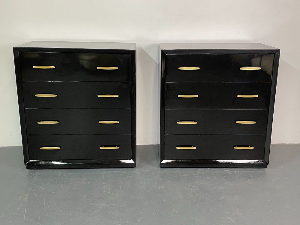 Pair of Mid Century Modern Ebony Lacquered Chests, Dressers, Brass, American