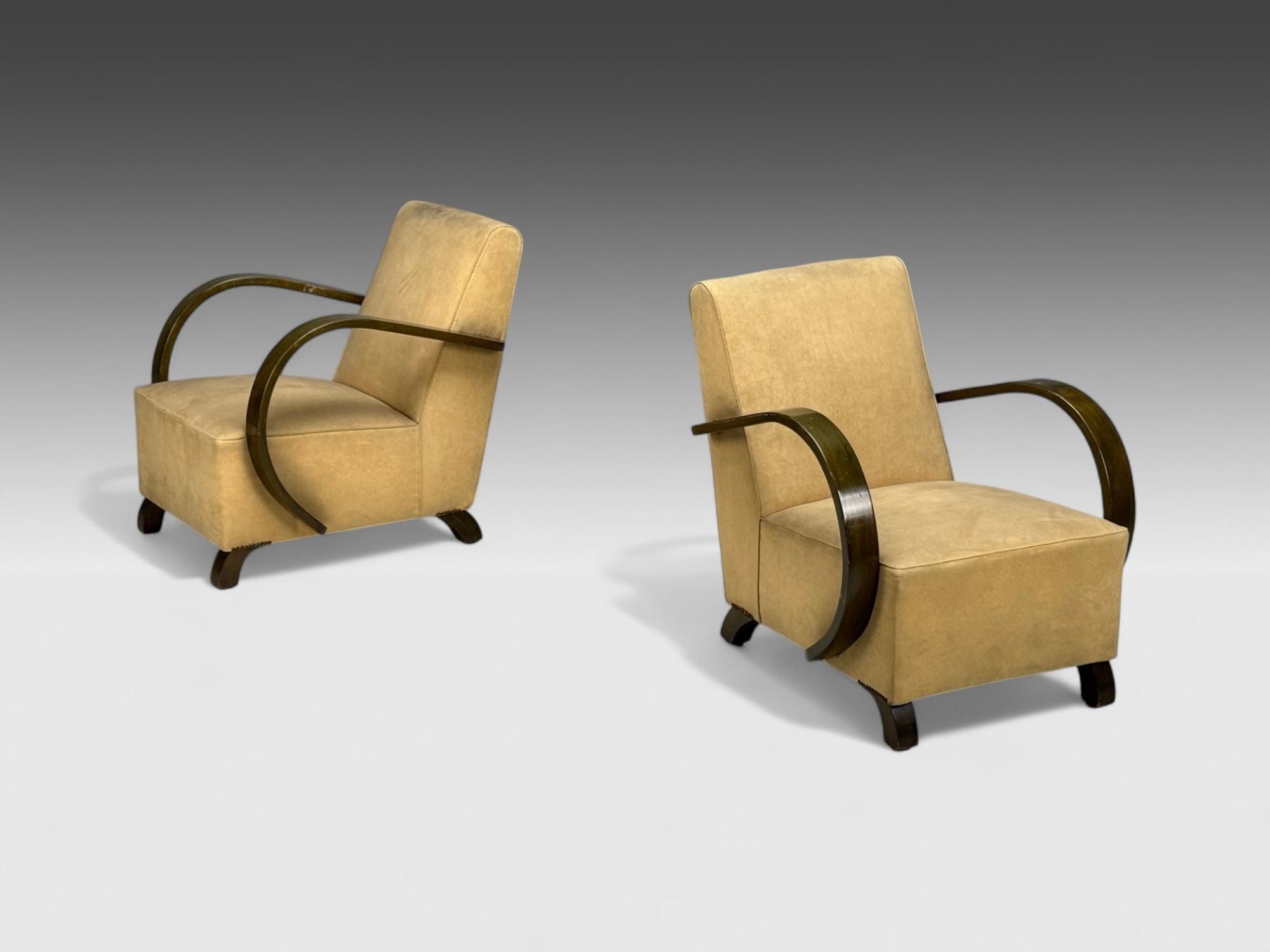 Vittorio Valabrega, Beige Velvet, Bentwood, Lounge Chairs, Italy, 1940s