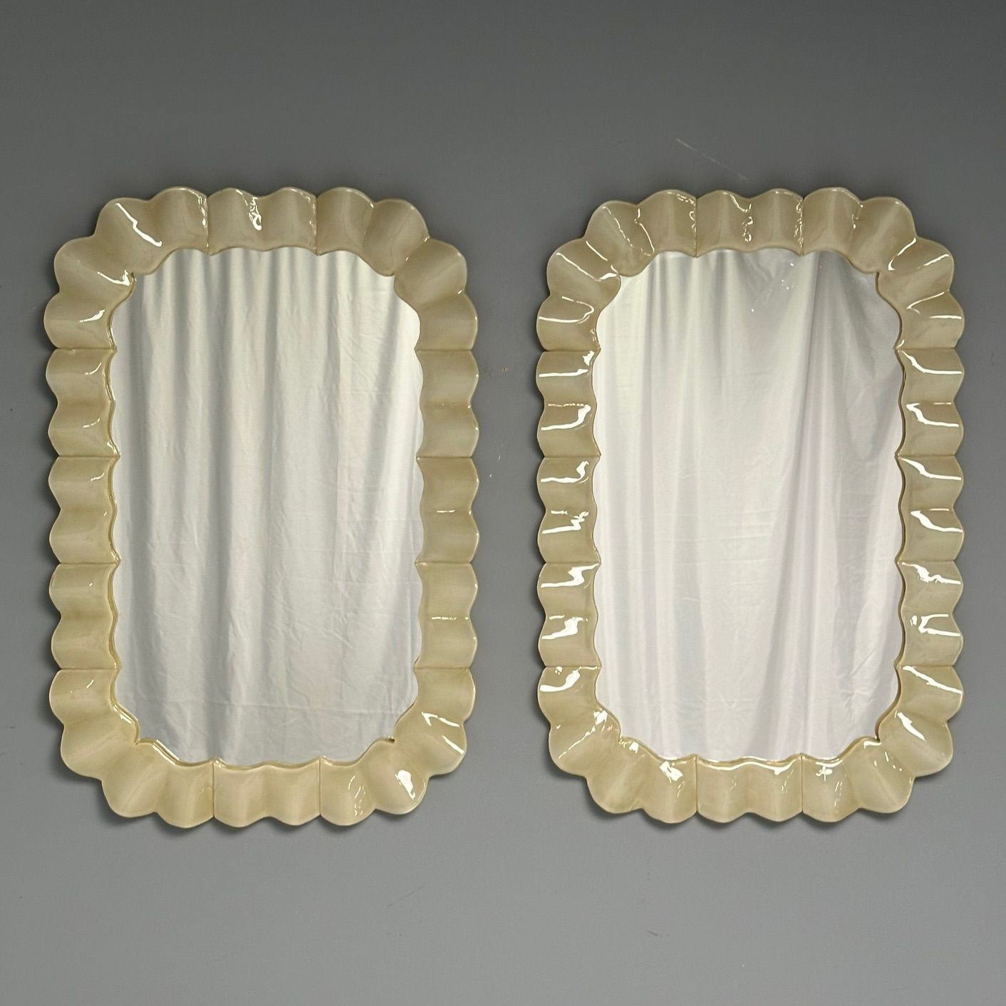 Modern Ruffle Wall Mirrors, White Murano Glass, Brass, Italy, 21st c.