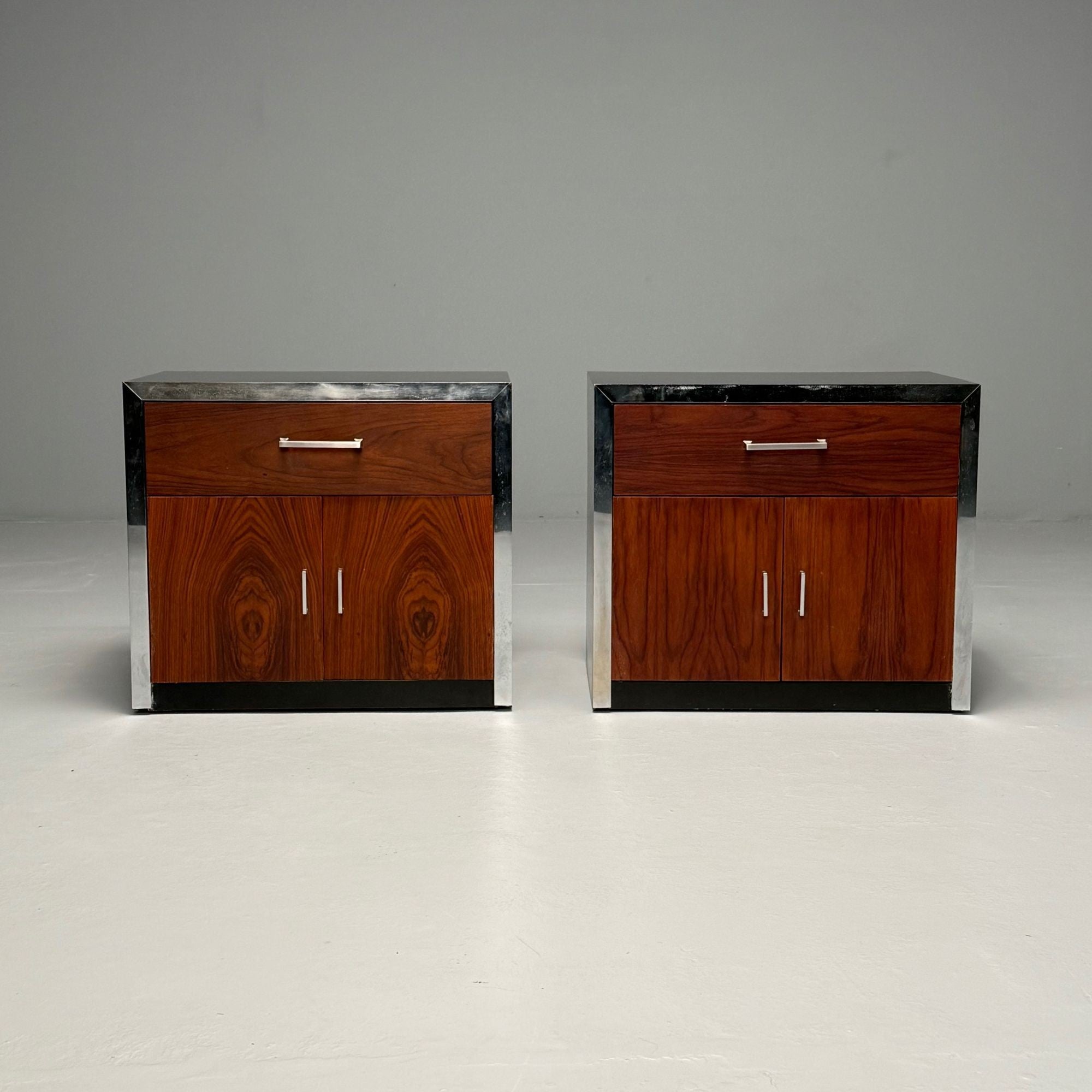 Milo Baughman Style, Mid-Century Modern, Nightstands, Rosewood, Chrome, 1970s