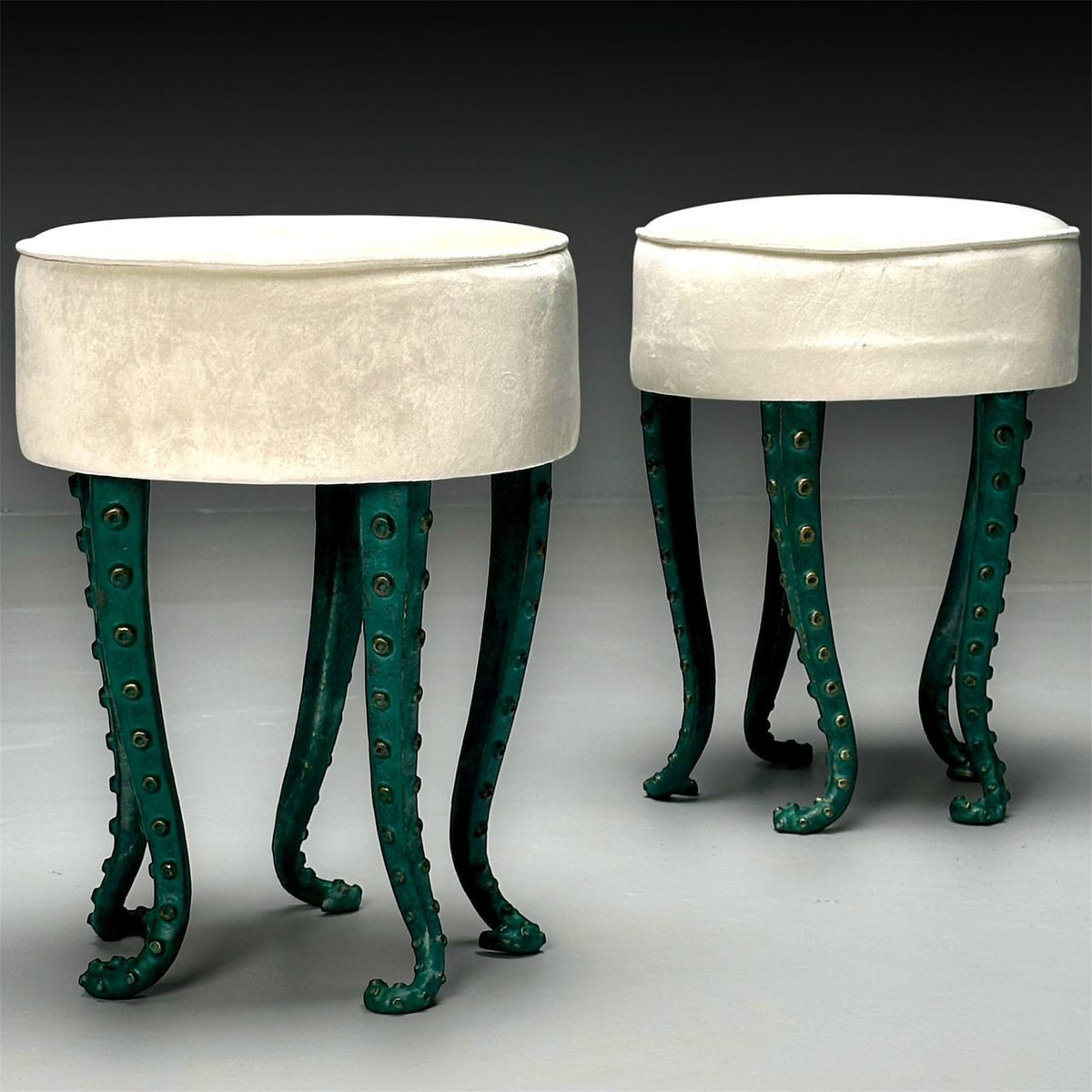 Modern, Octopus Footstools, Green Patinated Bronze, Grey Velvet