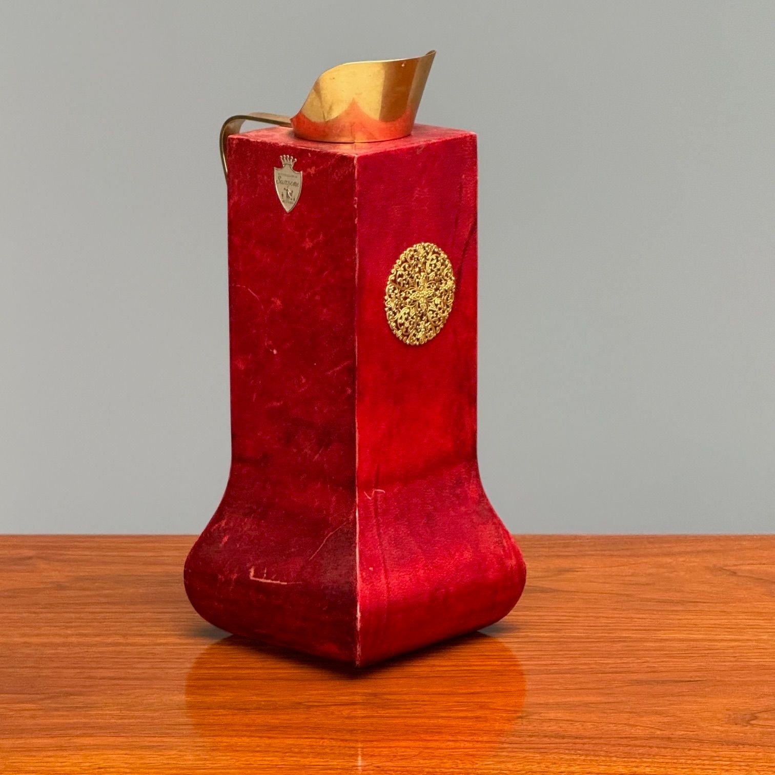 Aldo Tura, Italian Mid-Century Modern, Carafe, Brass, Red Lacquered Goatskin