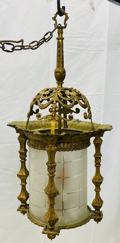 Empire Dore Lantern Chandelier, Frosted Etched Glass, 19th Century, Solid Bronze