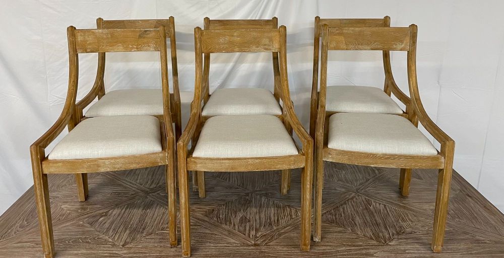 Set of 6 Farmhouse Modern Sleigh Back Dining / Side Chairs, Pickled Wood, Linen