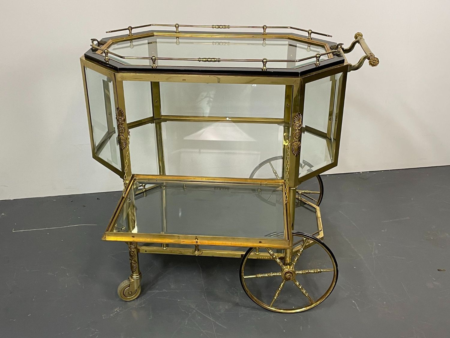 Hollywood Regency Beveled Glass, Bronze and Brass Tea Wagon or Serving Cart