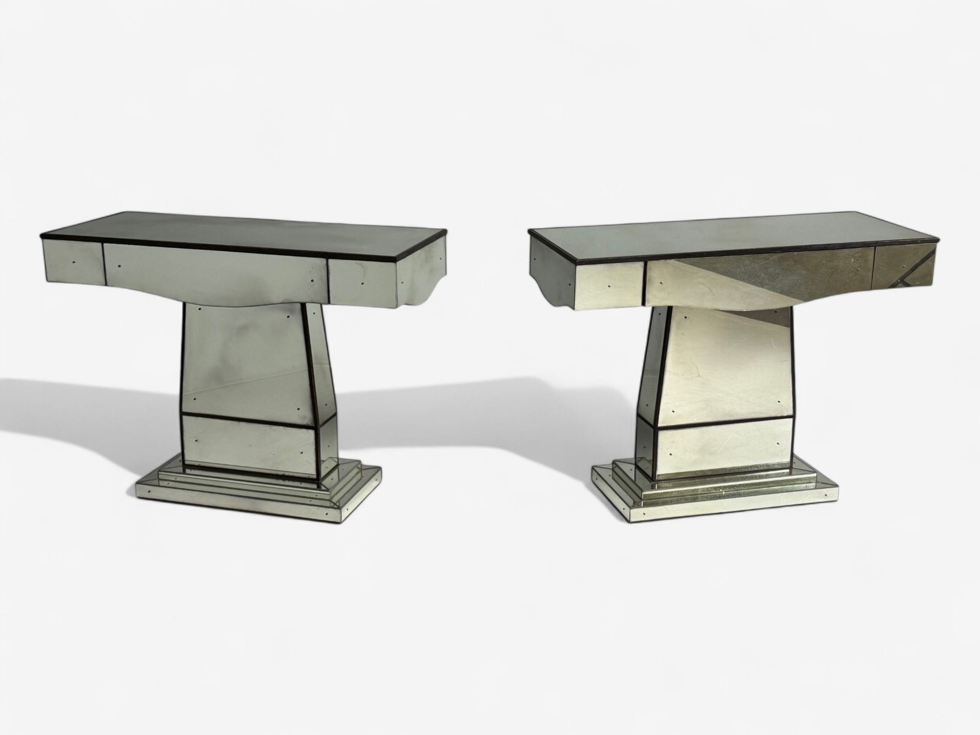 Art Deco Style, Mirrored Console Tables, Painted Wood, Distressed Glass