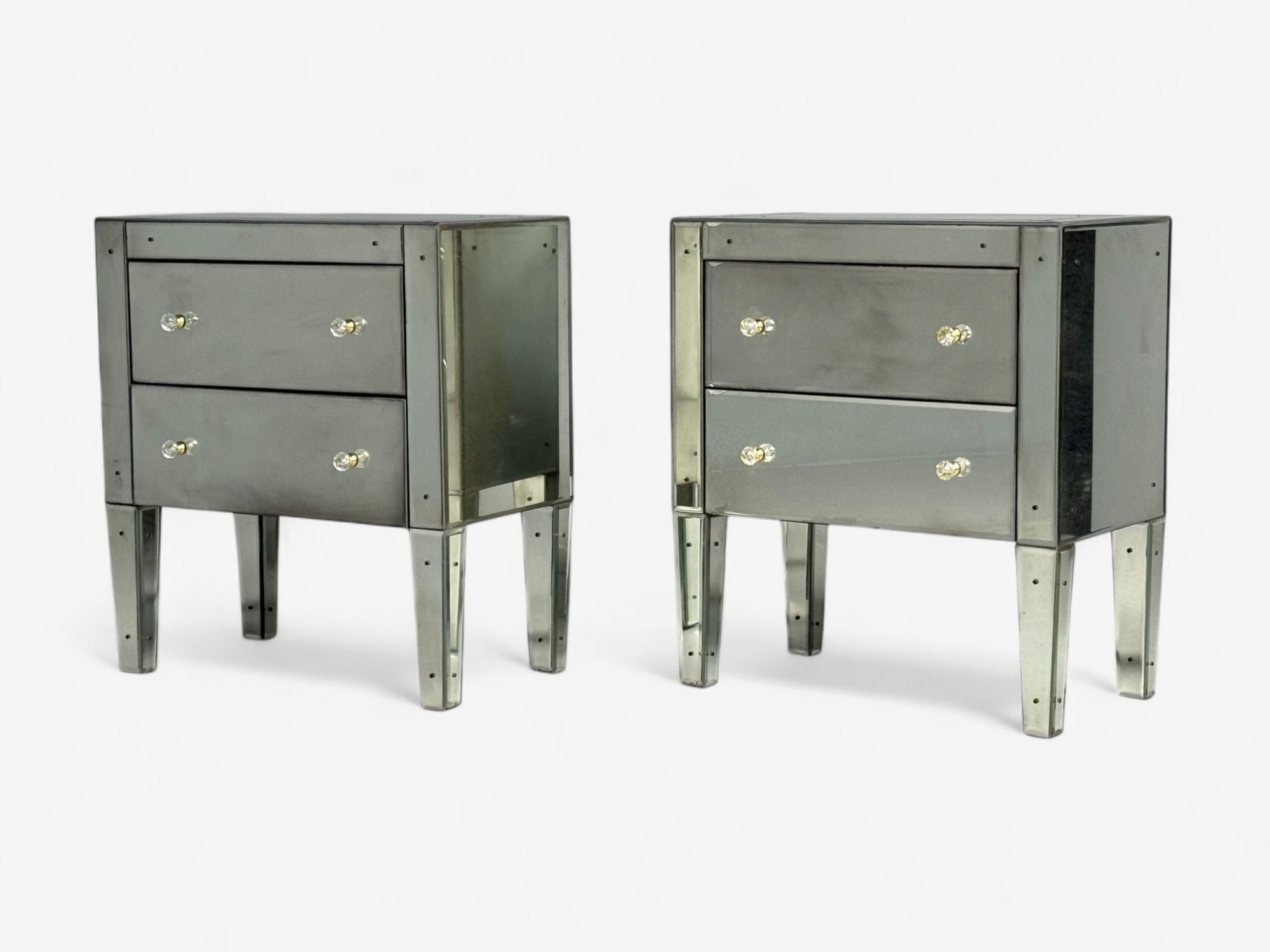 Hollywood Regency Style, Wood, Antique Beveled Glass, Mirrored Nightstands