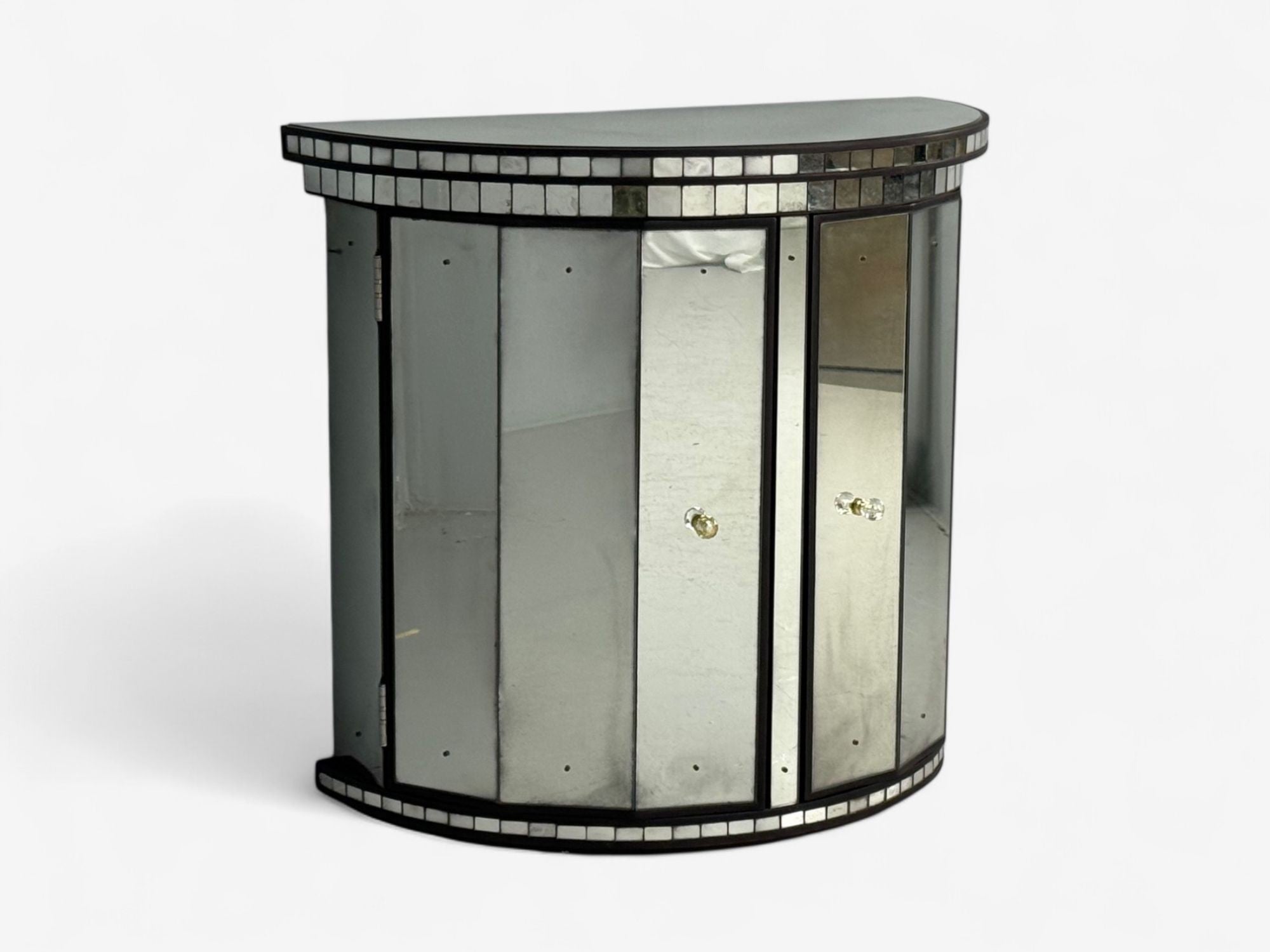 Hollywood Regency Style, Distressed Glass, Mirrored Demilune Cabinet