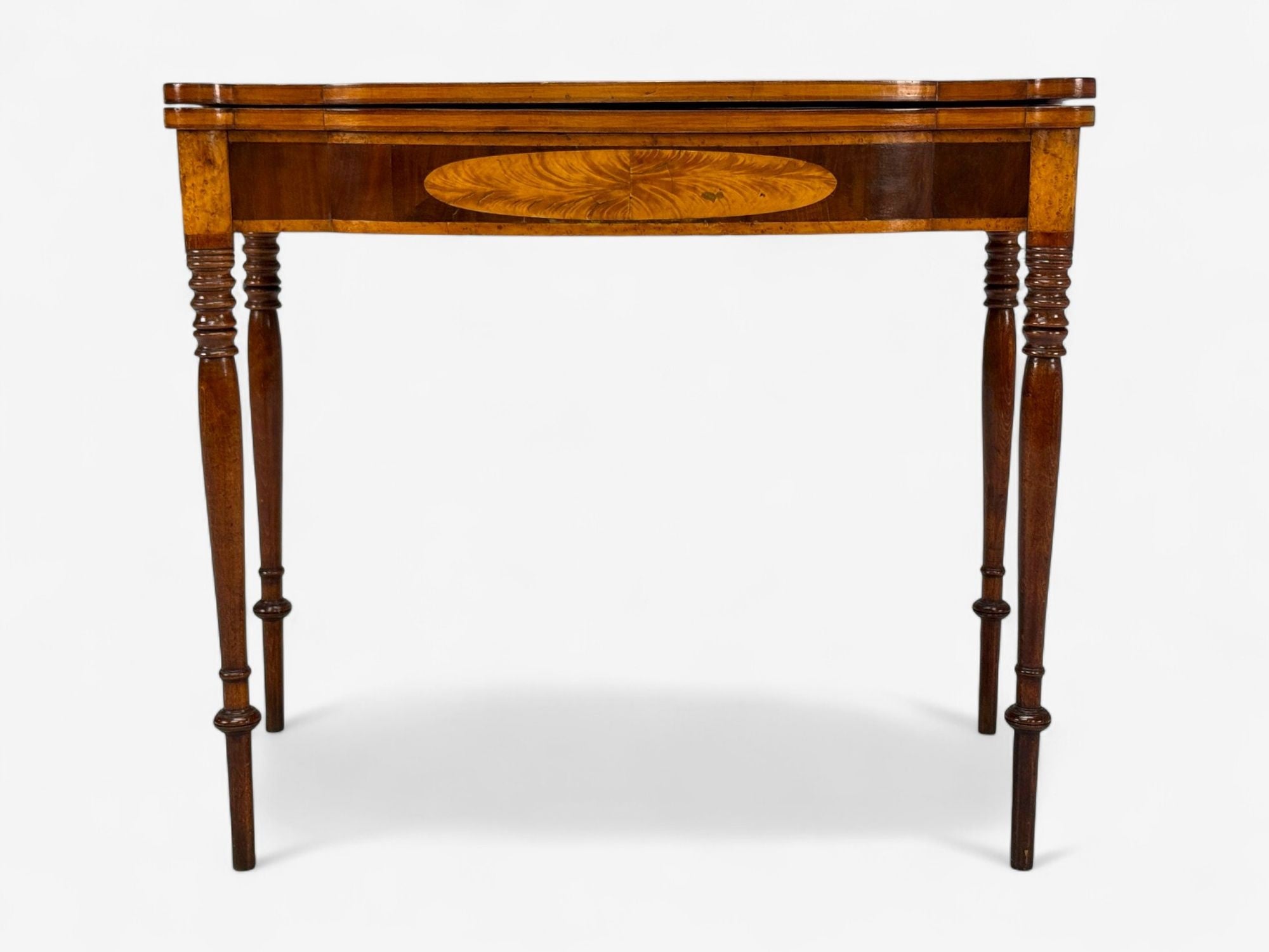 American Sheraton, Mahogany, Tulipwood, Serpentine Inlaid Card Table, USA, 1810