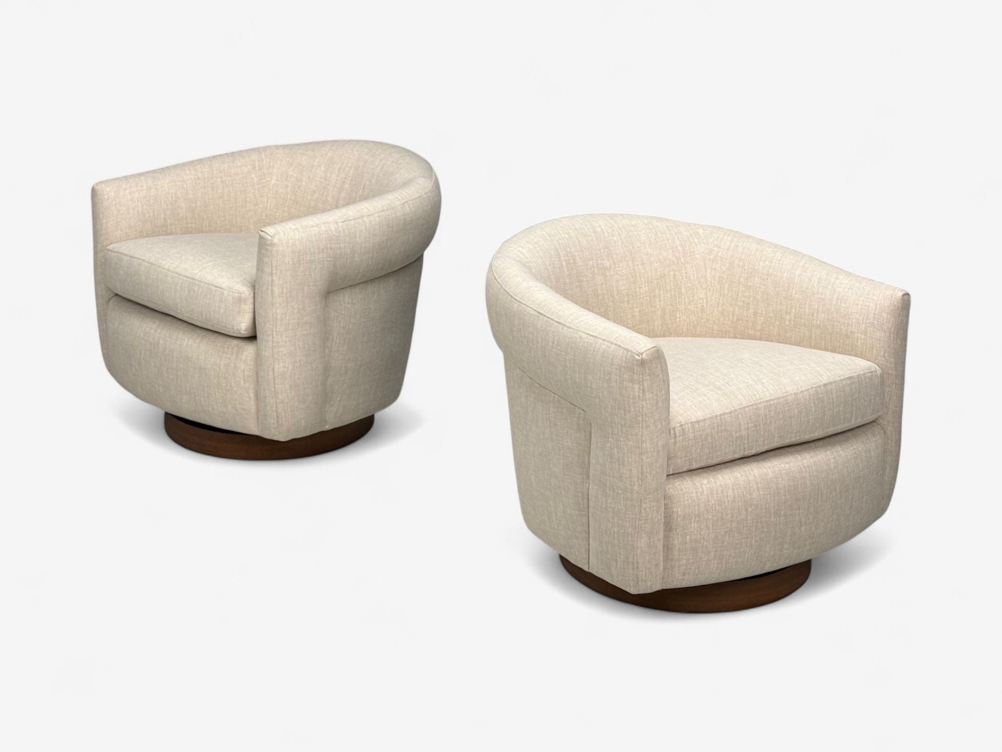 Milo Baughman, Beige Upholstery, Walnut, Tilt & Swivel Chairs, USA, 1970s
