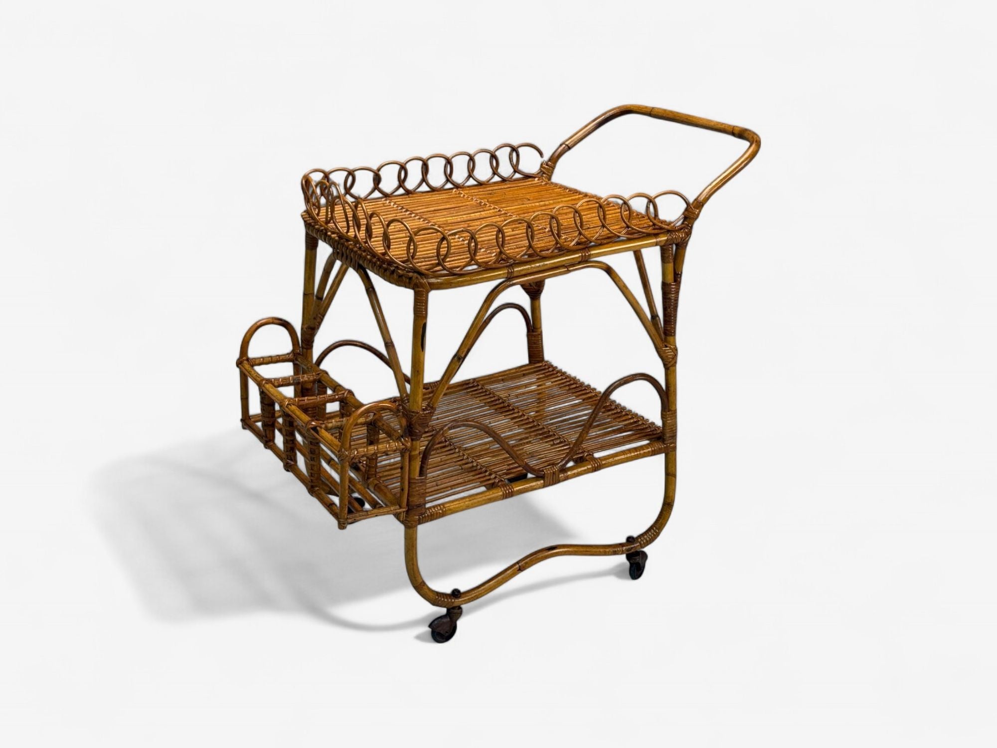 Italian Modern, Bamboo, Rattan, Metal, Bar Cart, Italy, 1960s