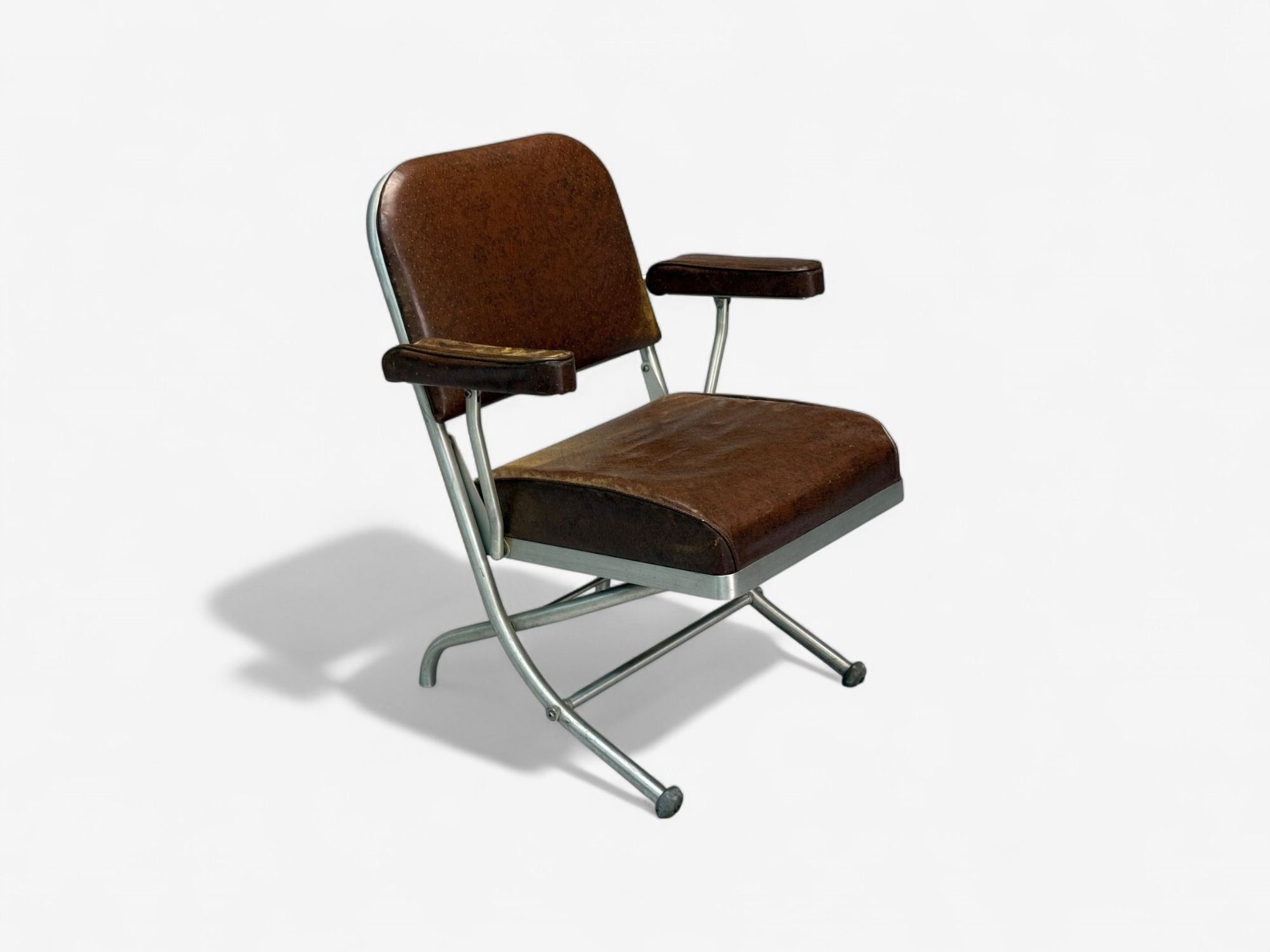 Warren McArthur, Brown Leather, Aluminum, Folding Chairs, USA c. 1935