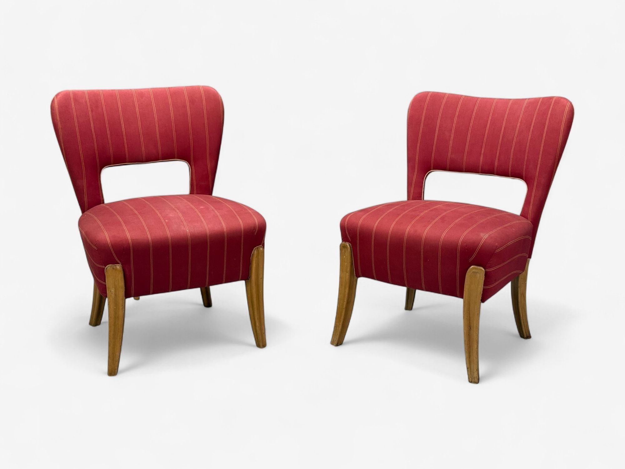 Pier Luigi Colli, Maple, Red Fabric, Low Lounge Chairs, Italy, 1950s