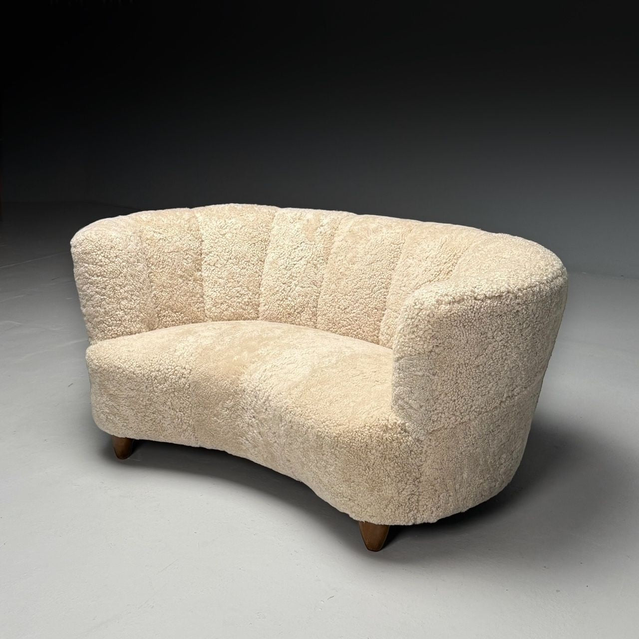 Danish Mid-Century Modern, Banana Sofa, Beige Shearling, Beech, Denmark, 1950s