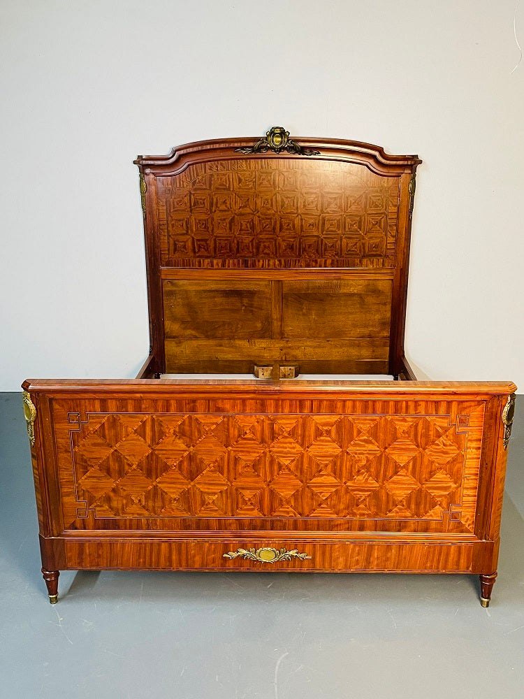 Louis XVI Style Full Size Bedframe by Mercier Frères, Parquetry, Bronze, French