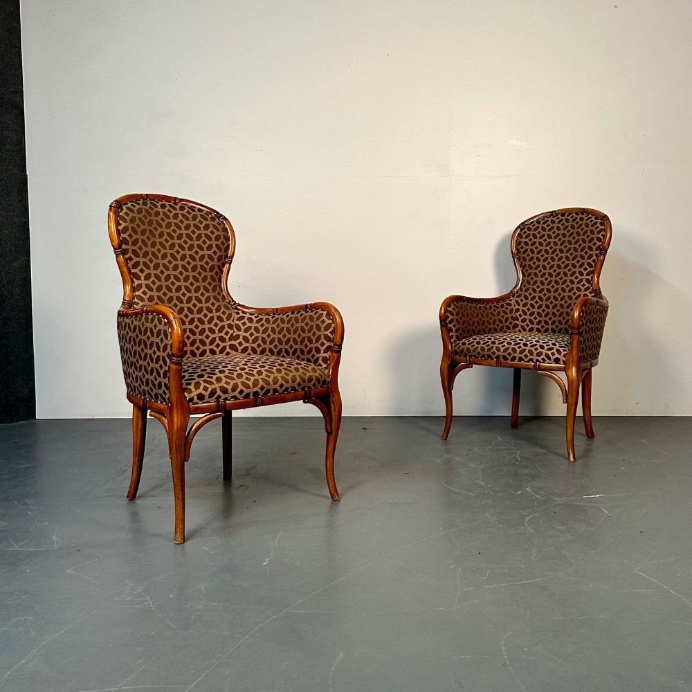 Pair of Fruitwood French Bamboo Carved Arm / Club / Accent Chairs, Kravet Fabric