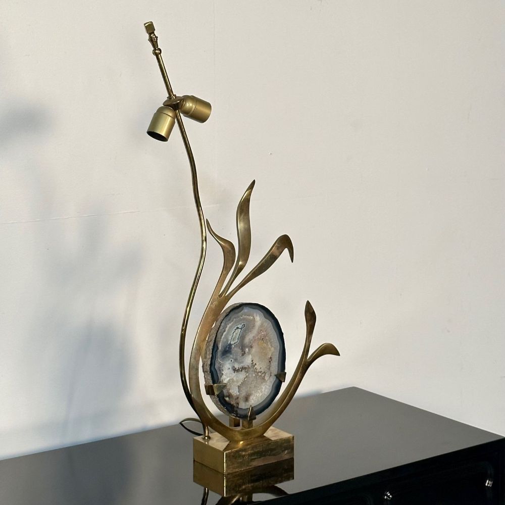 Mid-Century Modern Signed Willy Daro Bronze, Agate Sculptural Table Lamp, 1970s