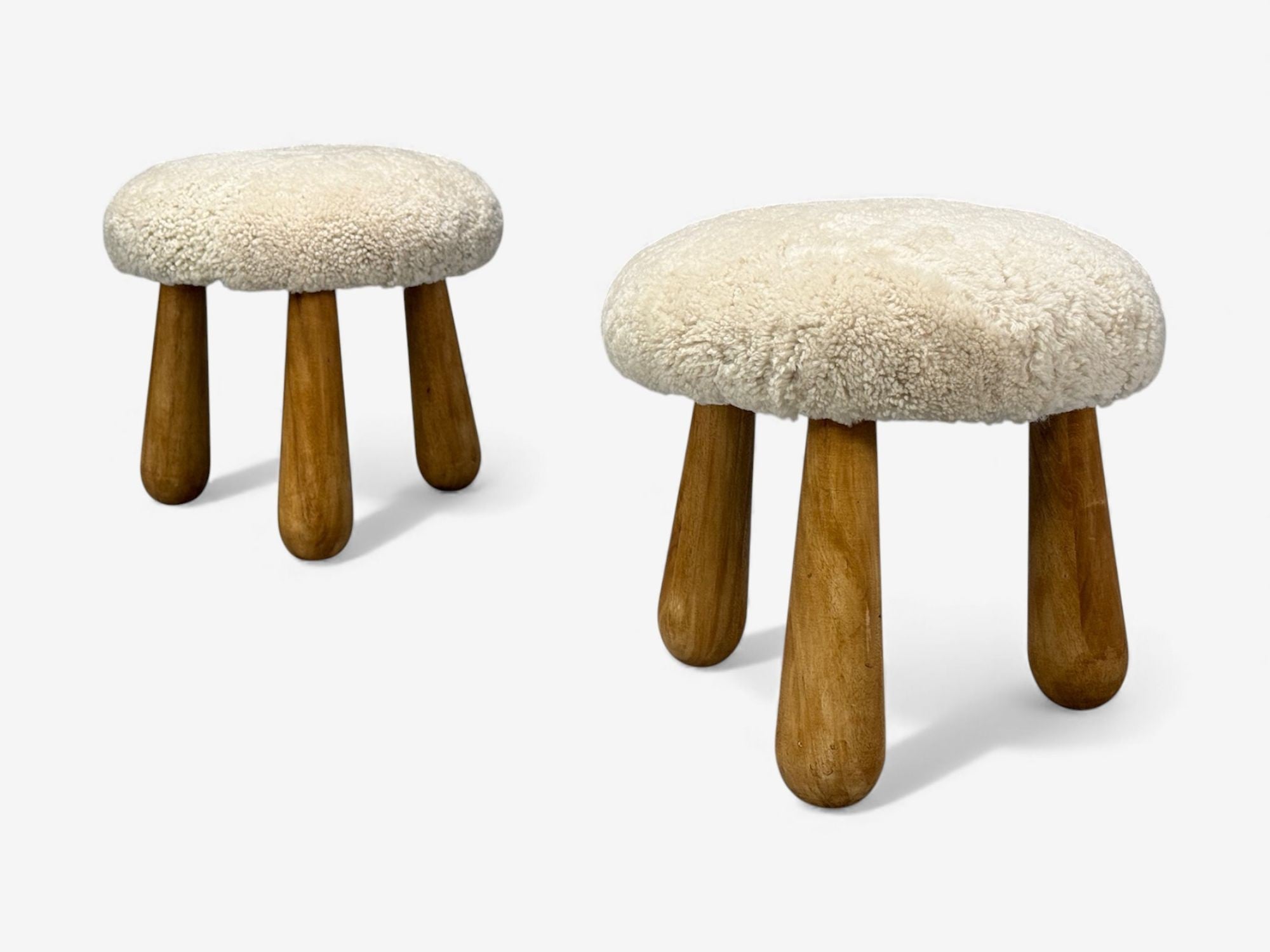 Danish Modern Style, Sheepskin Stools, Beige Shearling, Maple, USA, 21st c.