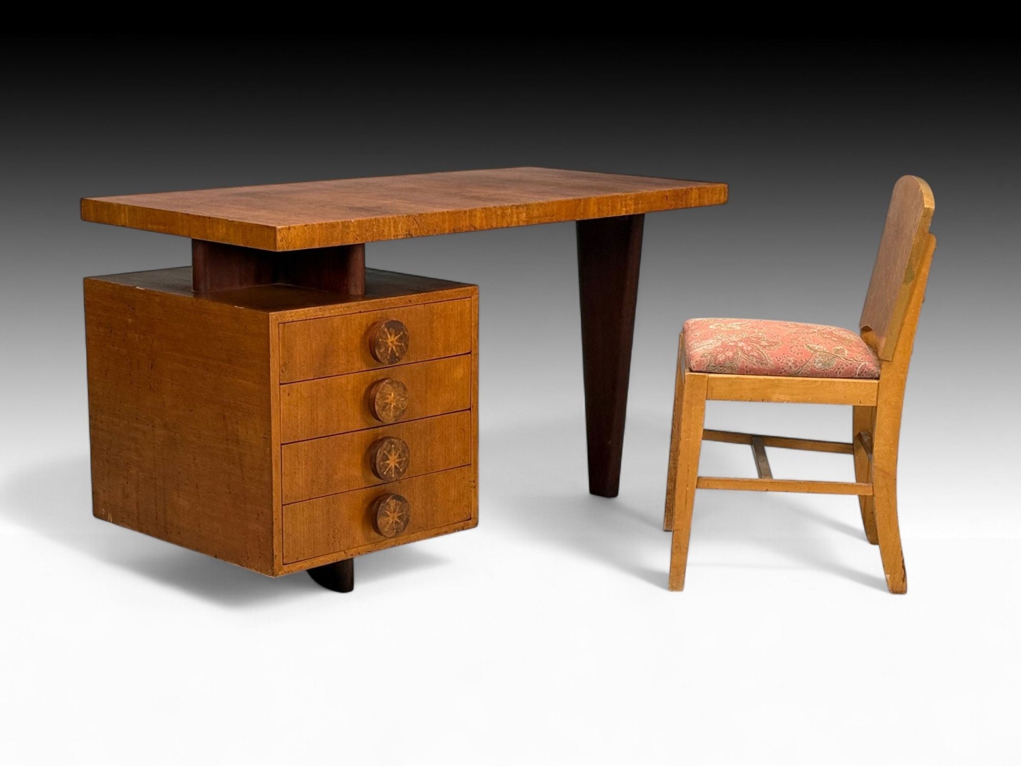 Andrew Szoeke, Satinwood, Oak, Writing Desk and Chair, USA, 1950s