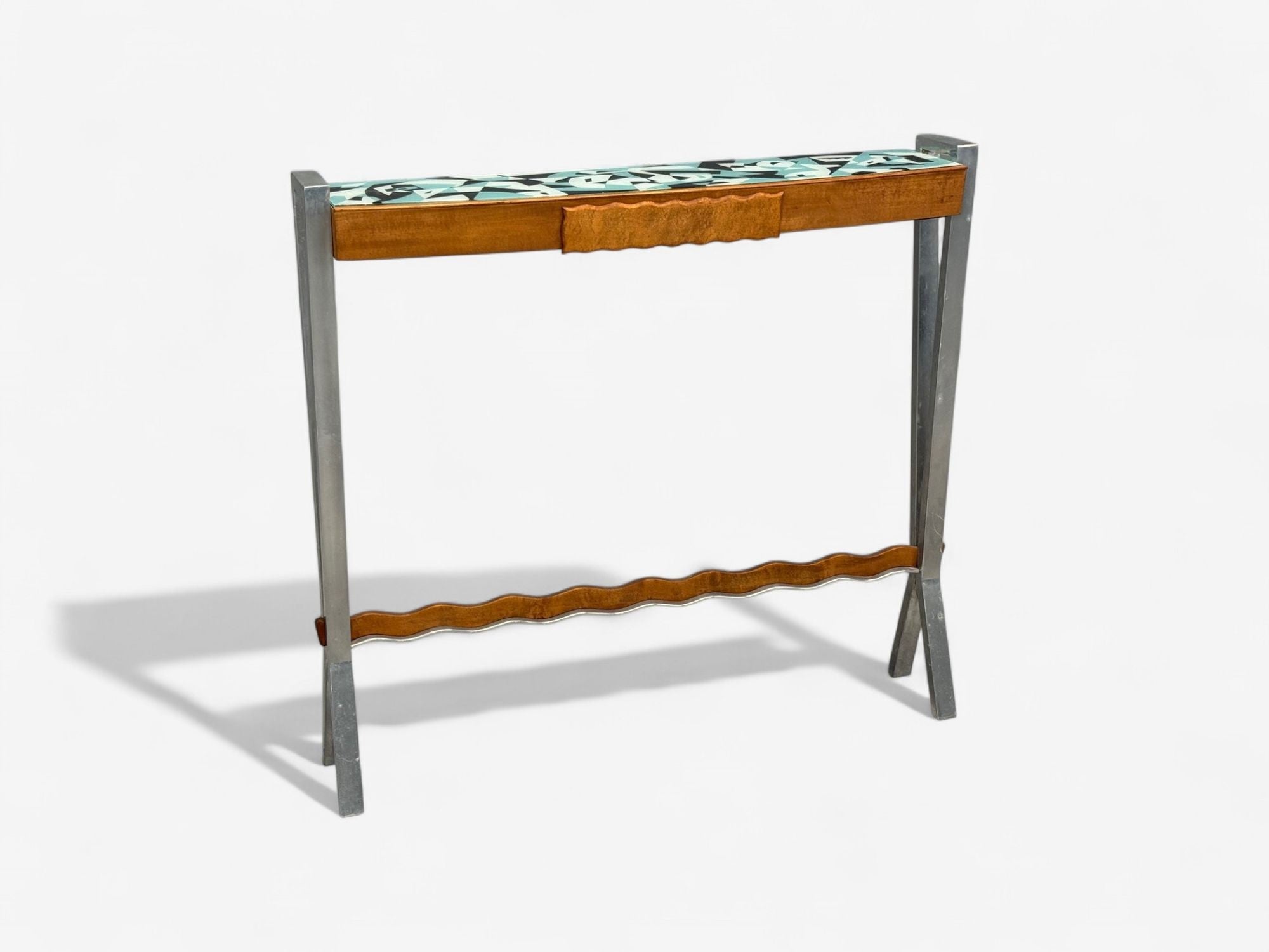 Italian Modern, Painted Glass, Ash Wood, Metal, Console Table, Italy, 1960s