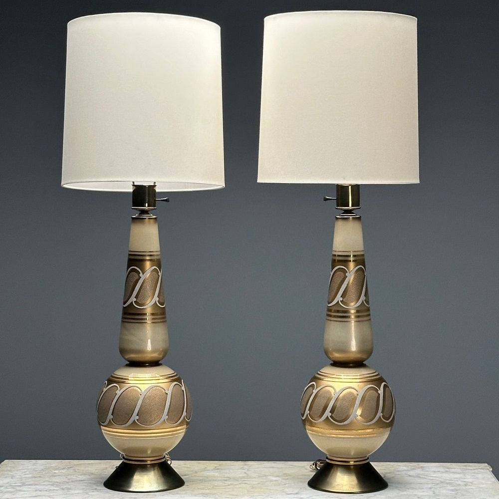 Italian Mid-Century Modern, Large Table Lamps, Gold Glass, Brass, Italy, 1960s