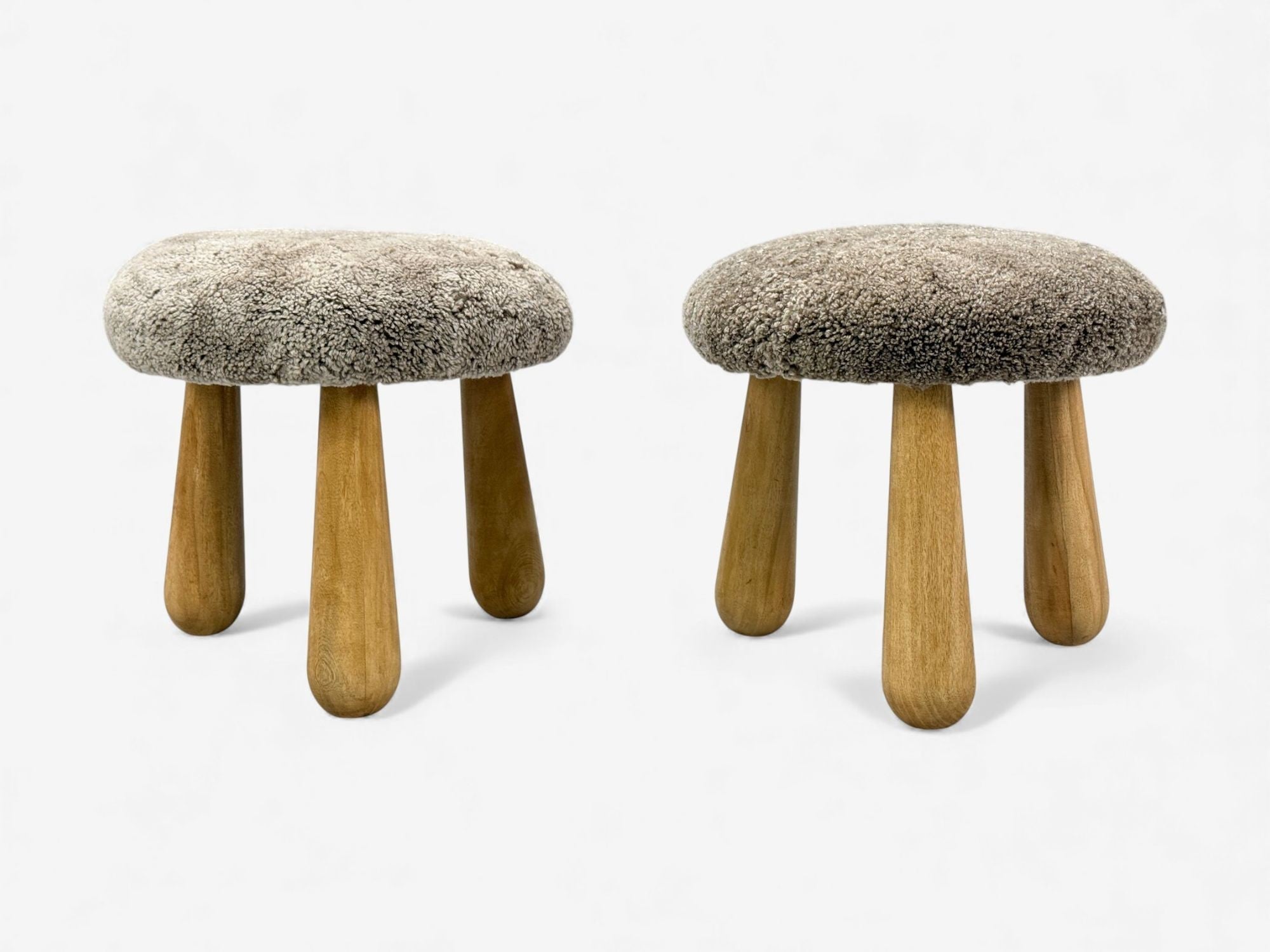 Danish Modern Style, Gray Sheepskin, Maple, Shearling Footstools, 21st c.