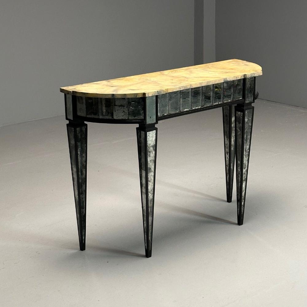 Maison Jansen Style, Directoire, Demilune Console Table, Distressed Mirror
