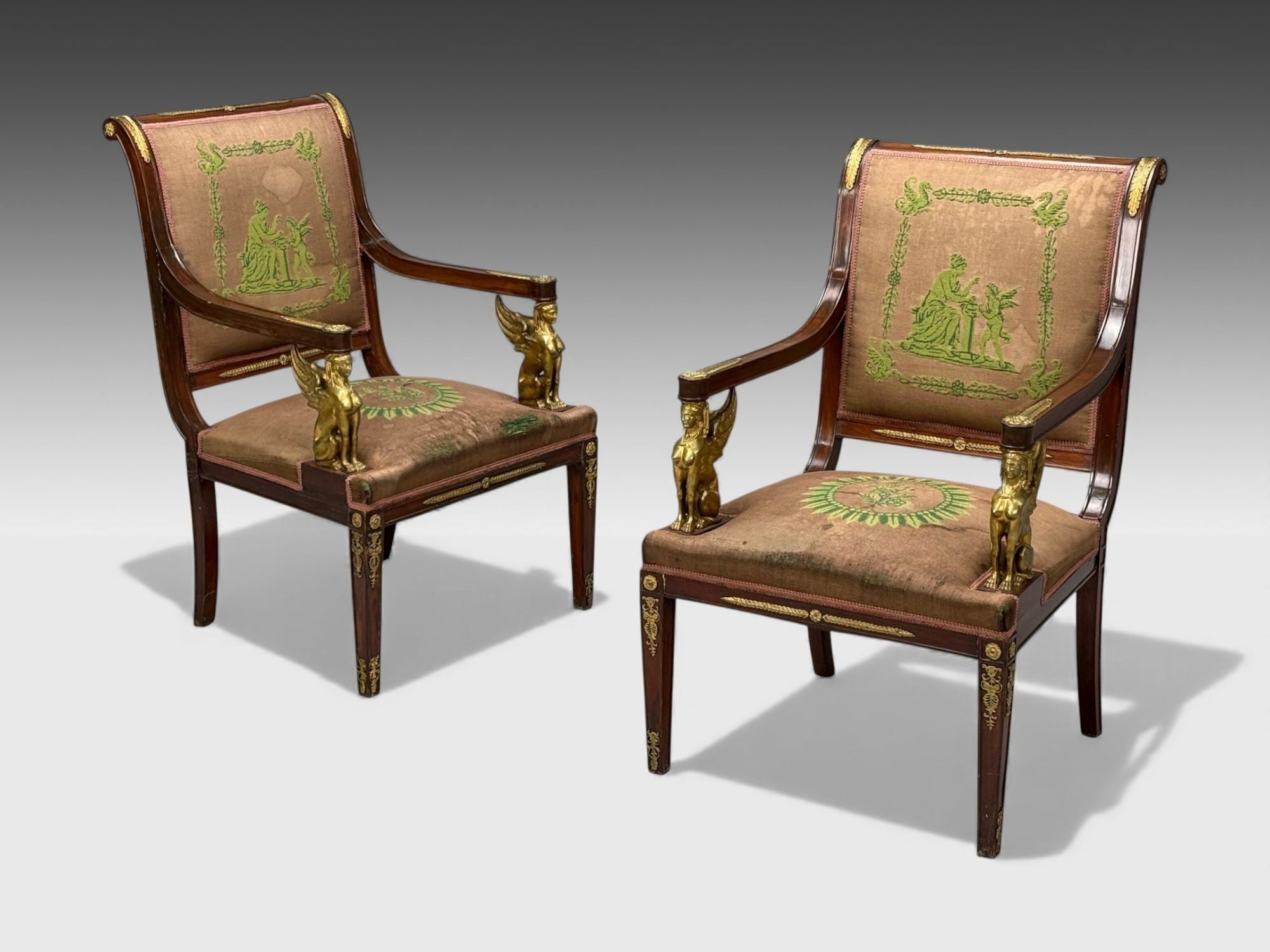 French Empire Revival, Bronze, Mahogany, Tapestry, Armchairs, France, 19th c.