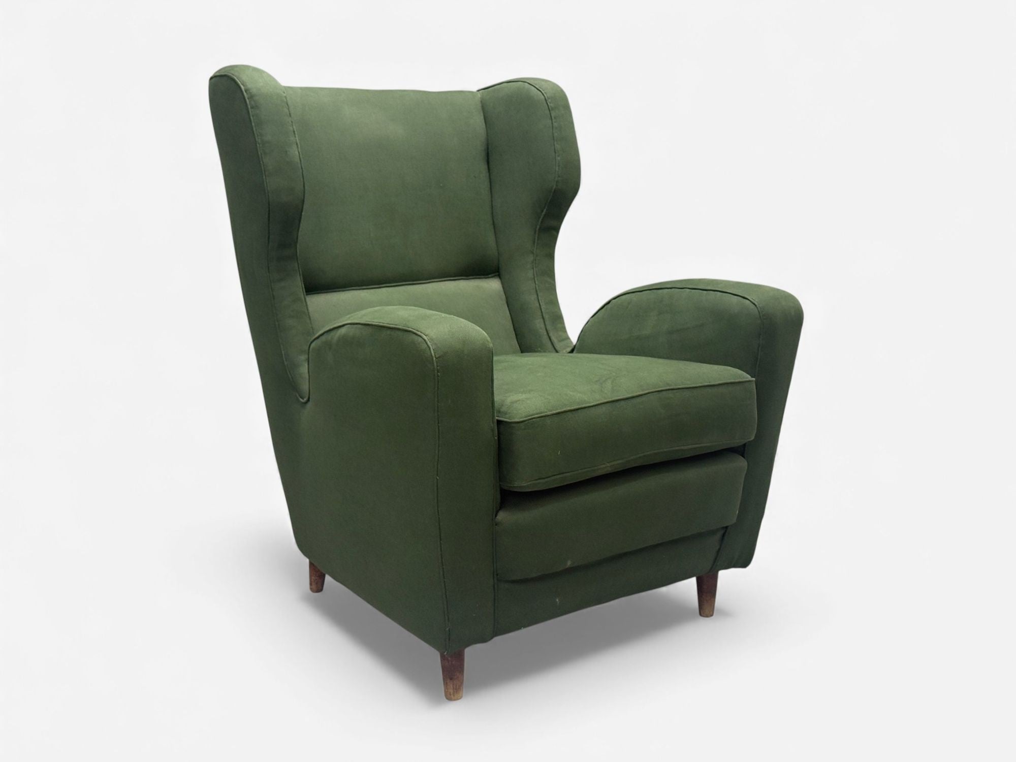 Melchiorre Bega attr., Dark Green Fabric, Wood, Lounge Chair, Italy, 1950s