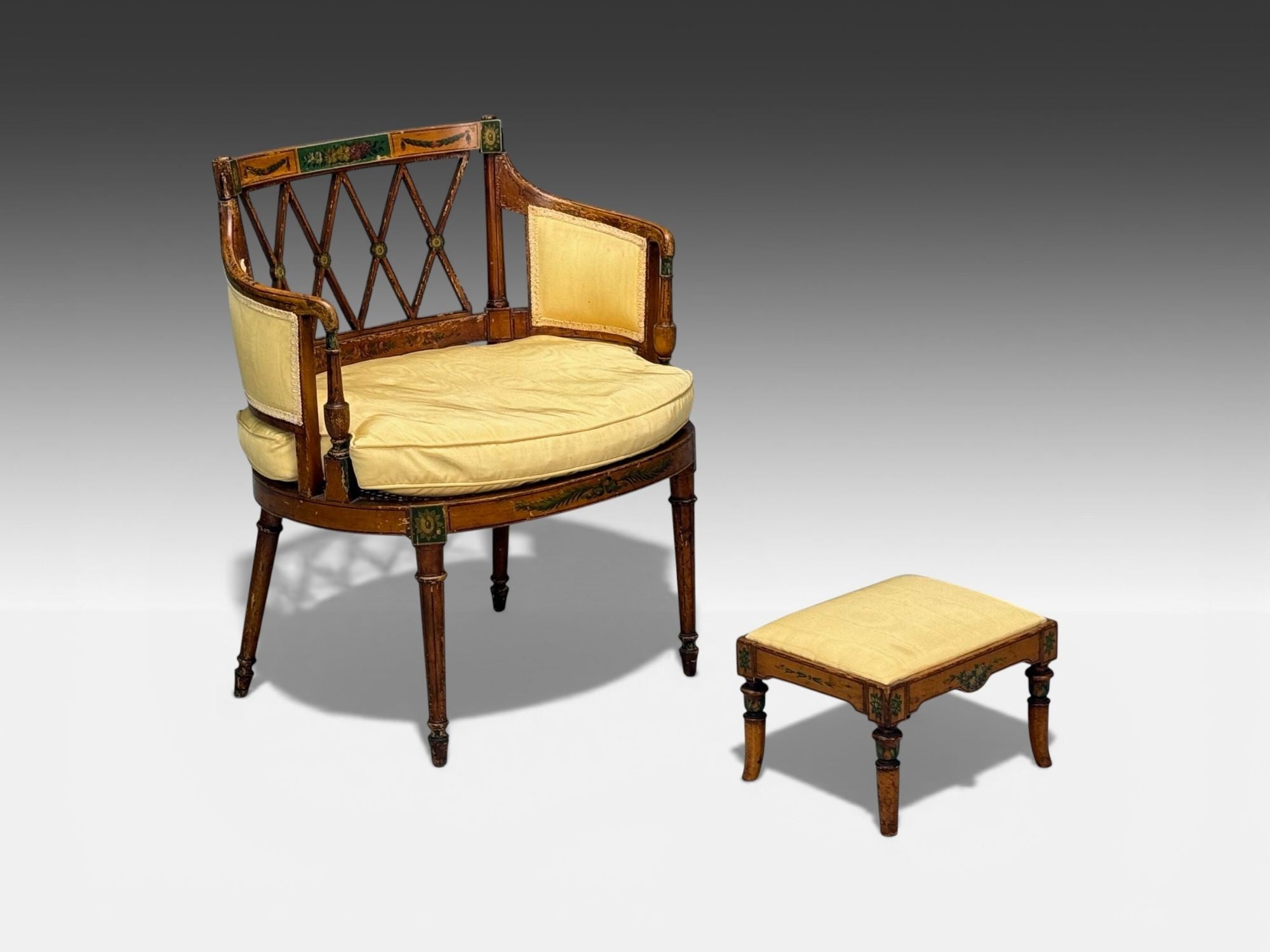 Adams Style, Chair and Ottoman, Painted Wood, Fabric, USA, 1930s