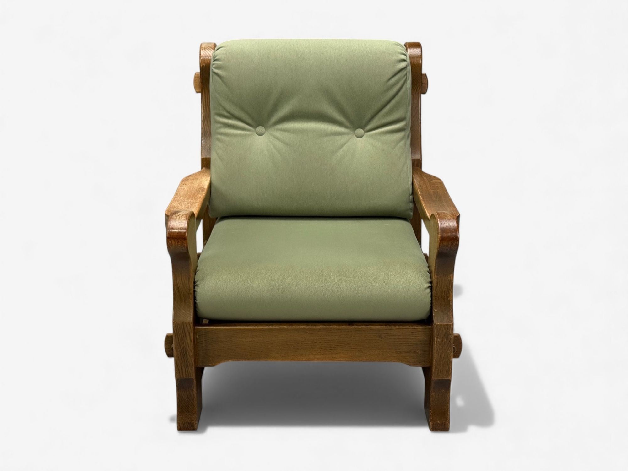 Danish Modern, Oak, Green Nubuck, Brutalist Lounge Chair, Denmark, 1960s