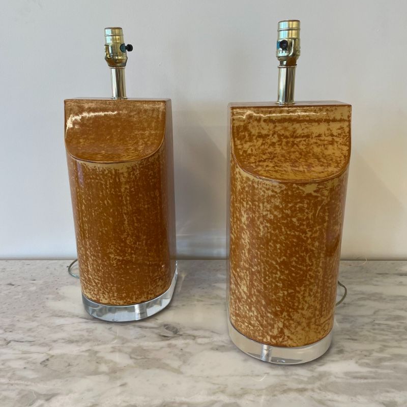 Pair Mid Century Modern Table Lamps, Goatskin and Lucite, Manner Karl Springer