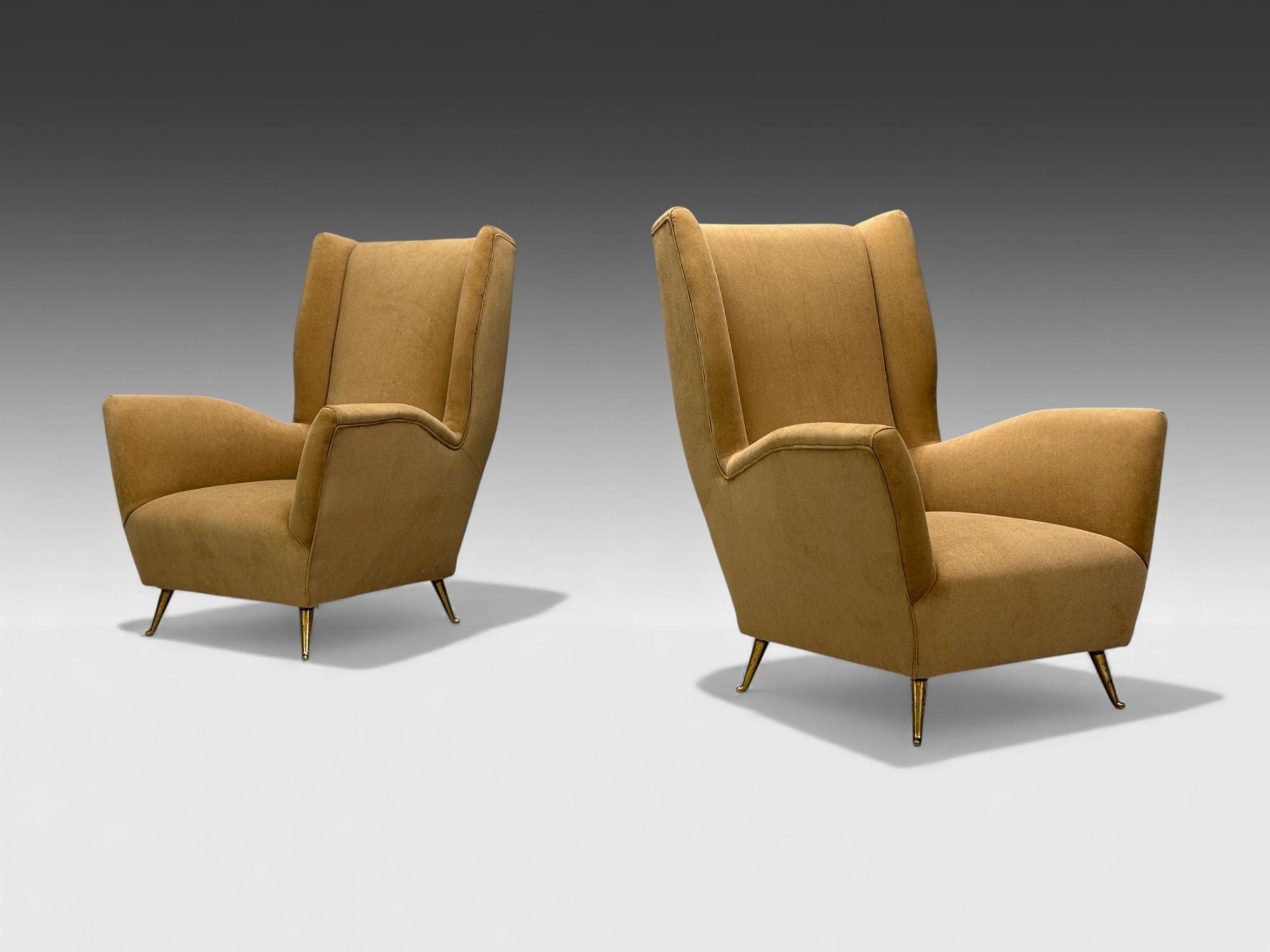 ISA Bergamo, Camel Velvet, Bronze, Wingback Chairs, Italy, 1950s