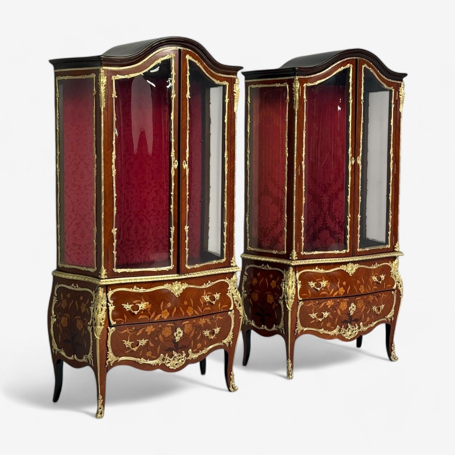 Louis XV Style, Bombe Vitrines, Ormolu Bronze, Inlaid Marquetry, France, 19th