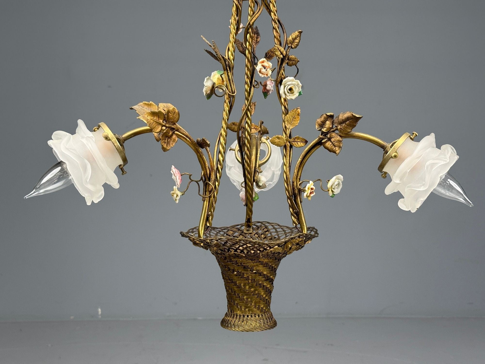 Belle Epoque Style, Basket Chandelier, Bronze, Porcelain, 1940s