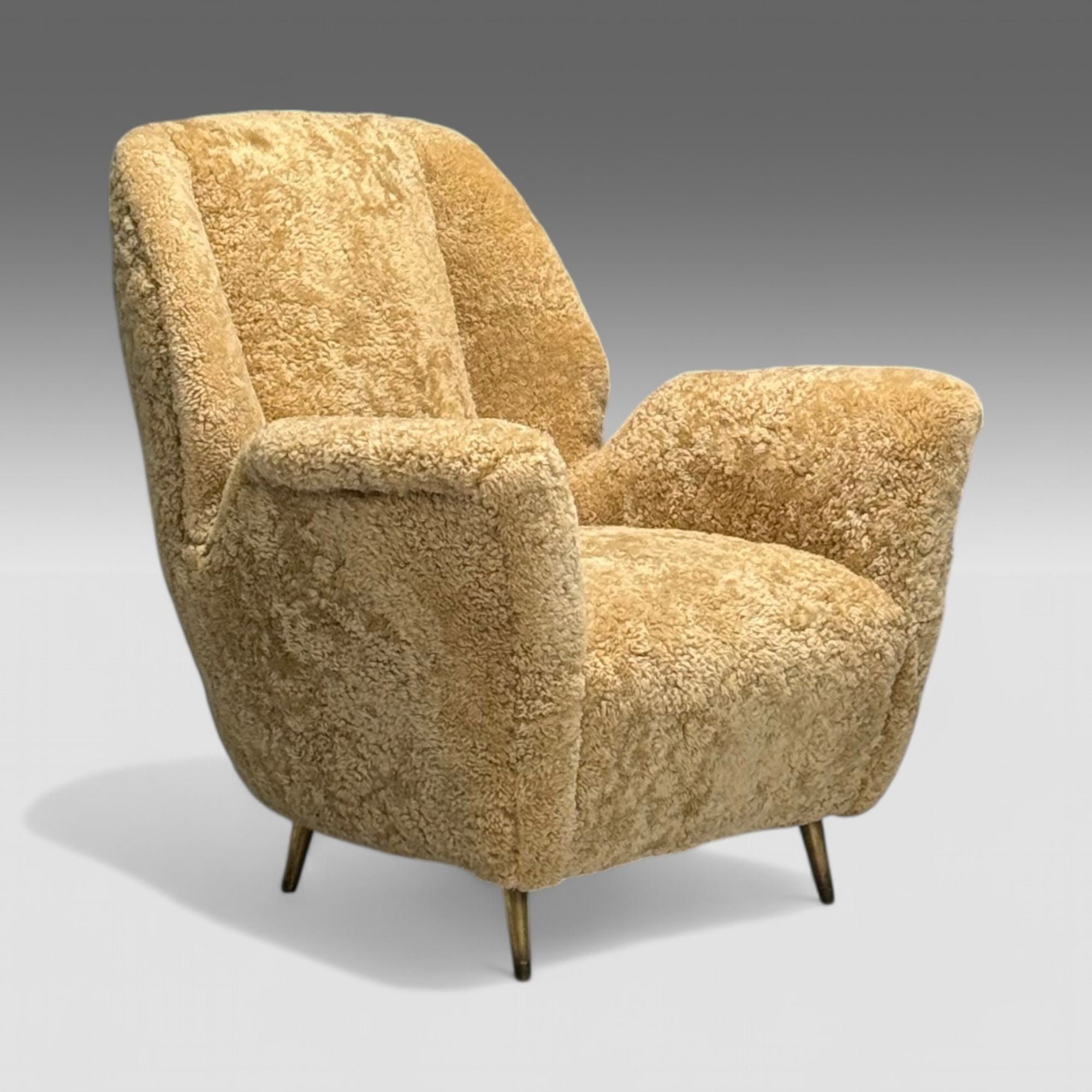ISA Bergamo, Italian Mid-Century Modern, Lounge Chair, Brass, Shearling, 1950s