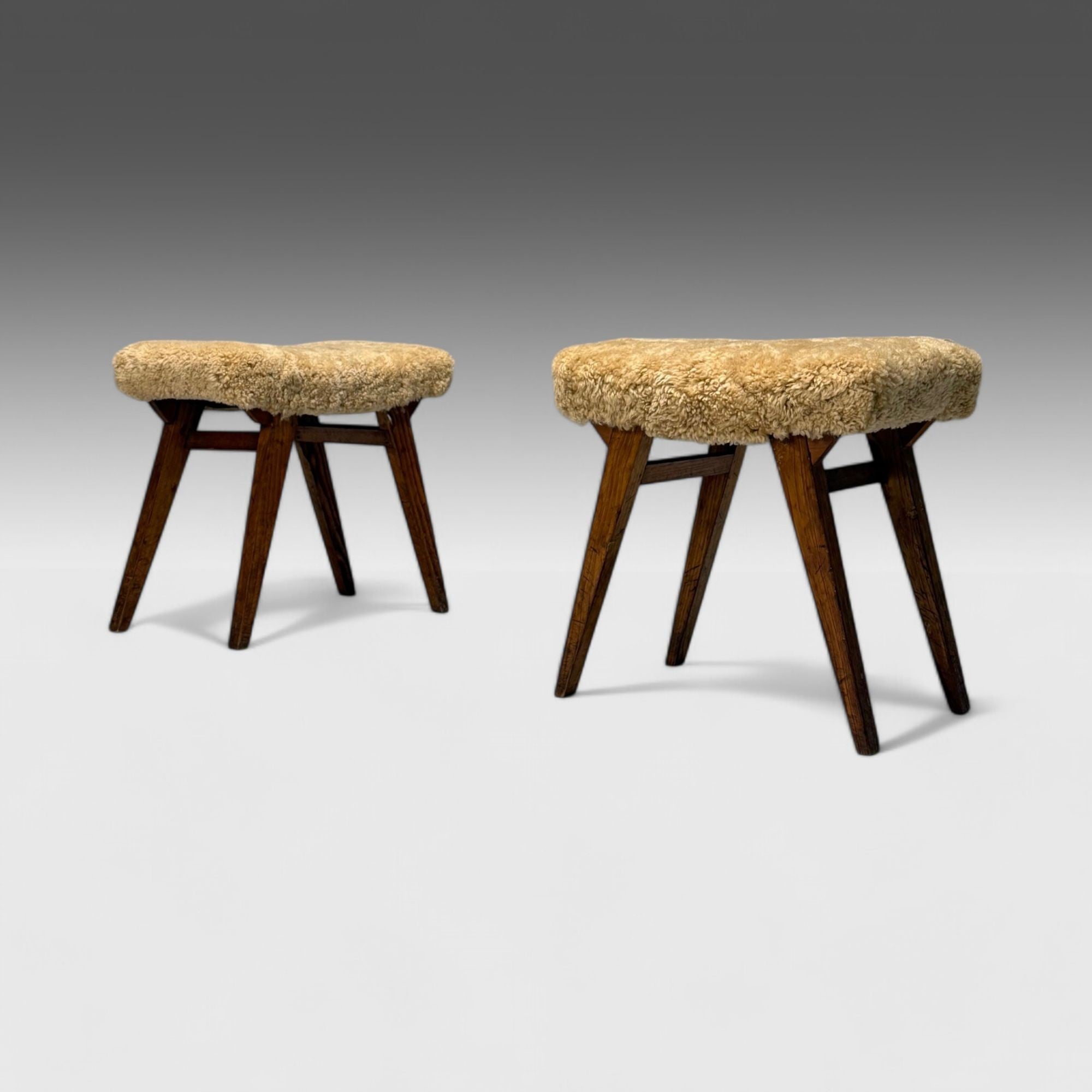 Italian Mid-Century Modern, Rustic Stools, Honey Shearling, Stained Wood, 1950s