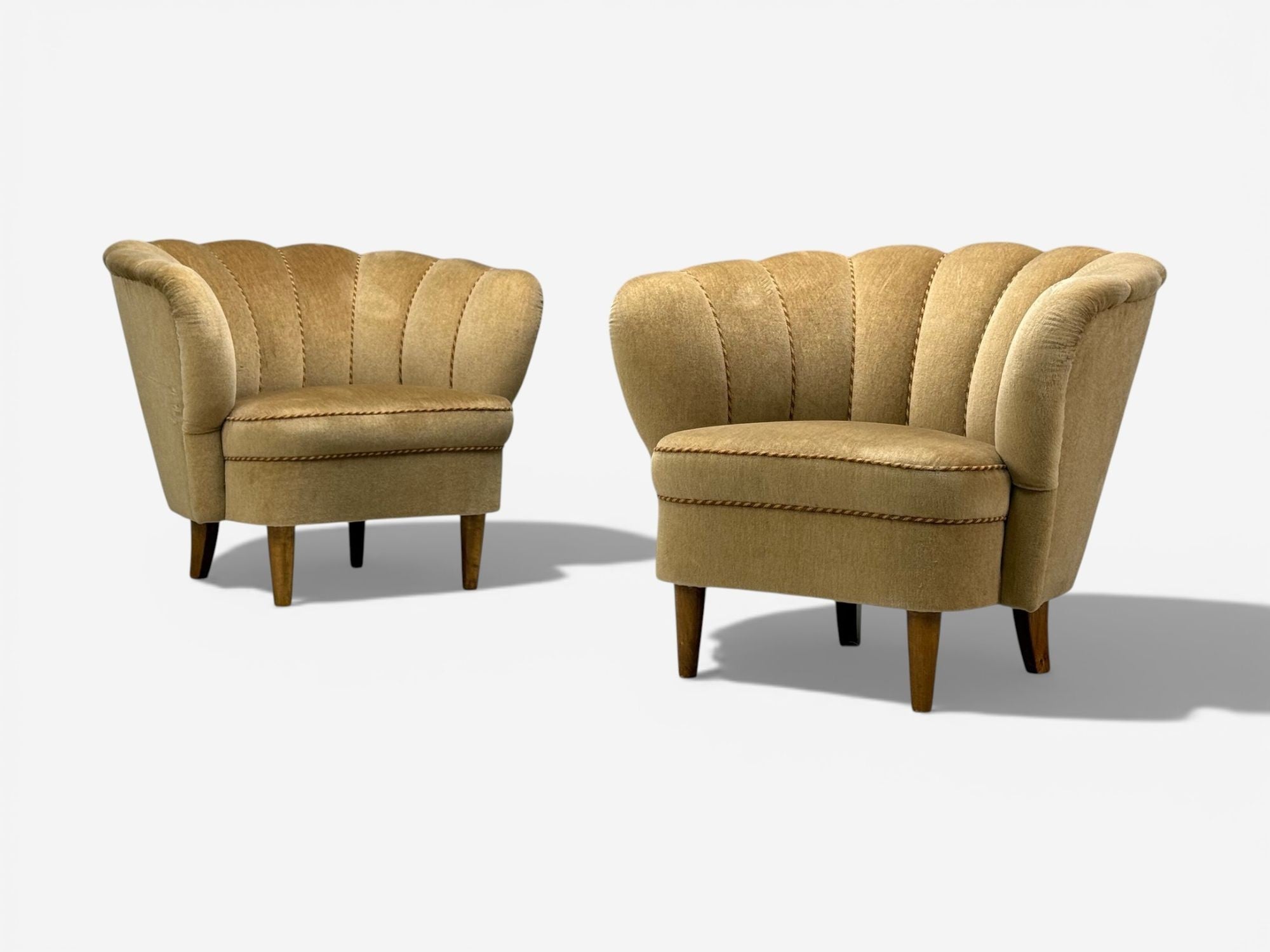 Finnish Modern, Lounge Chairs, Beige Velvet, Wood, Finland, 1950s
