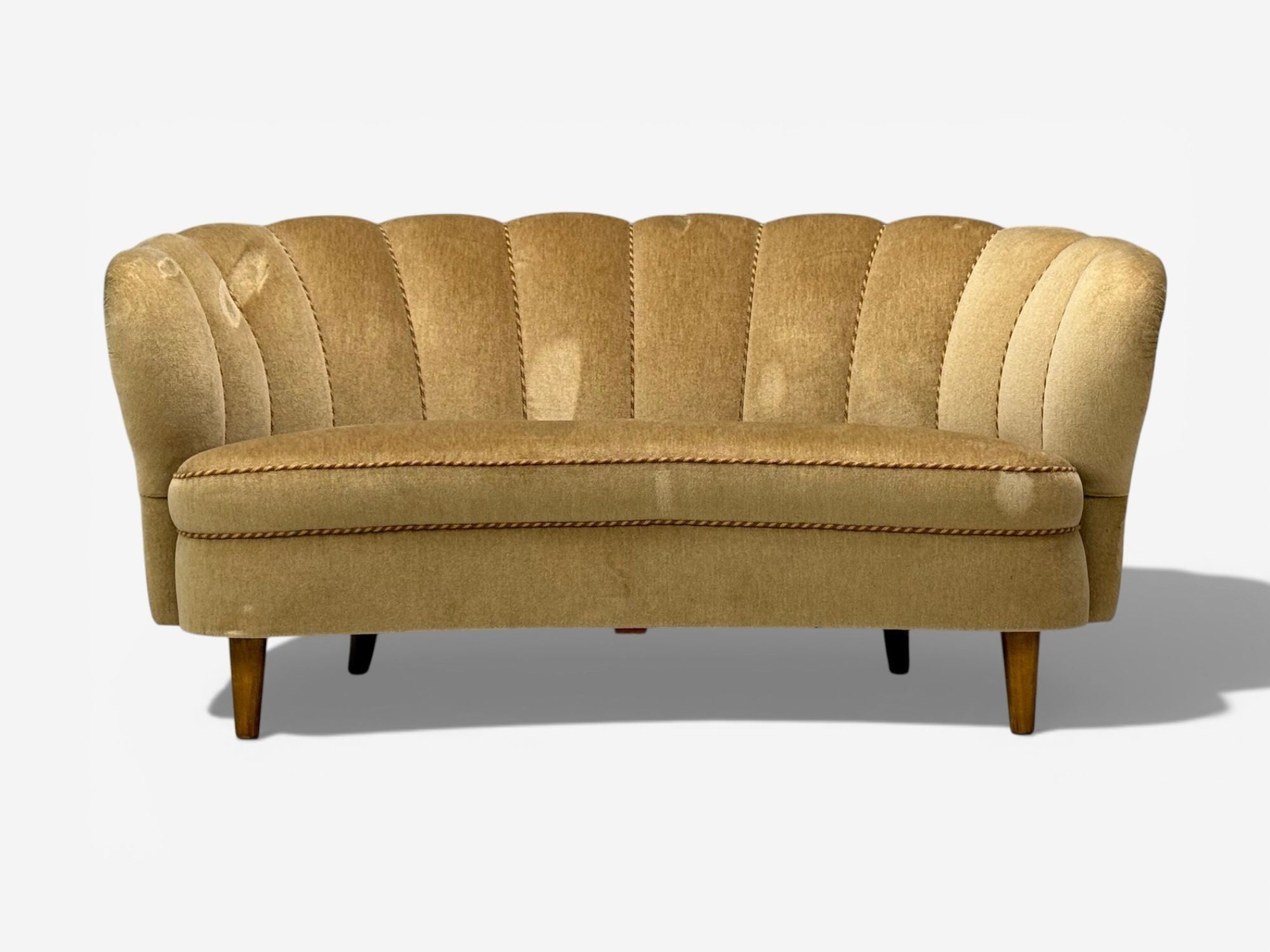 Finnish Modern, Settee, Beige Velvet, Wood, Finland, 1950s