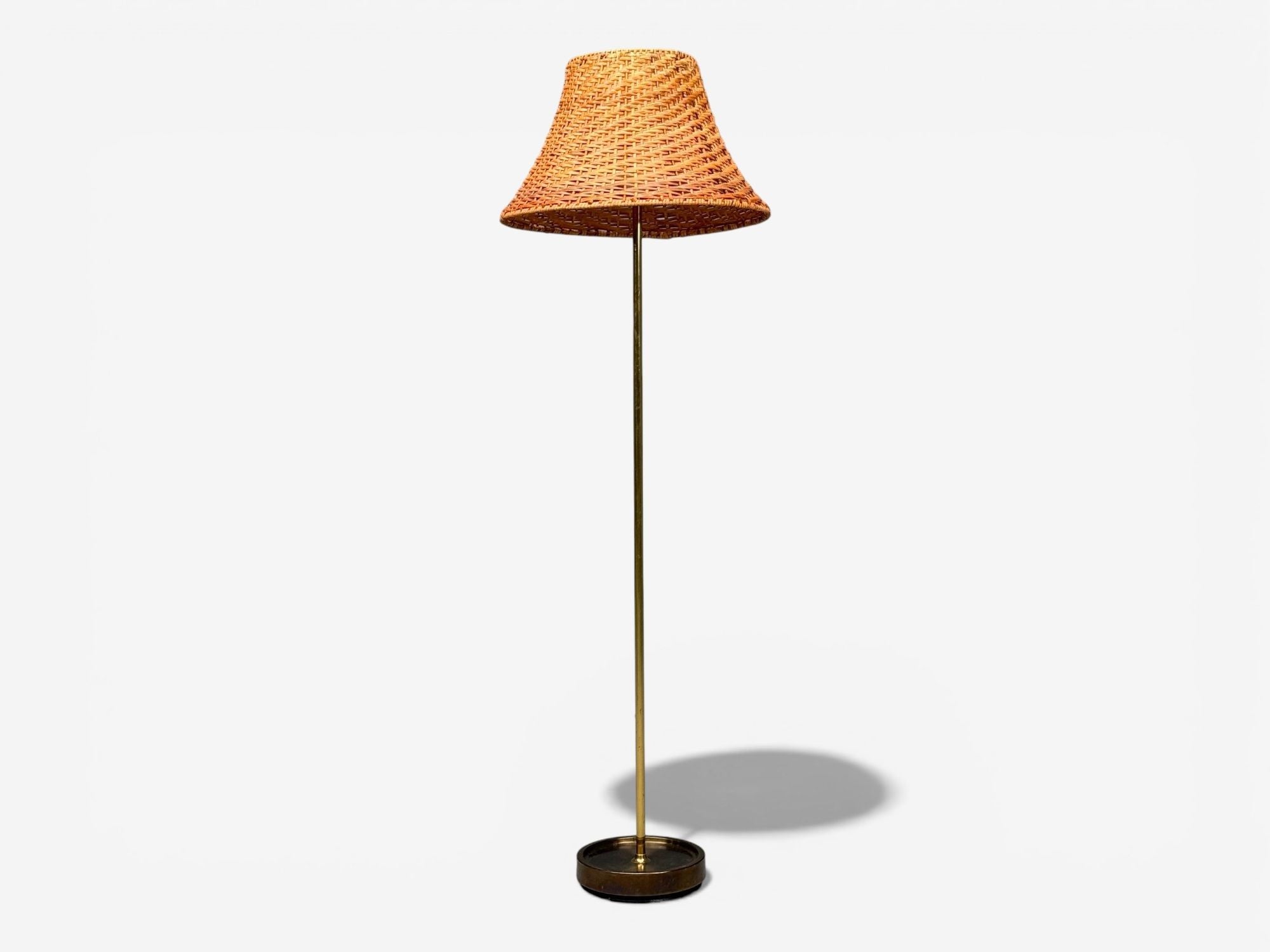 Falkenbergs Belysning, Floor Lamp, Brass, Rattan, Sweden, 1950s
