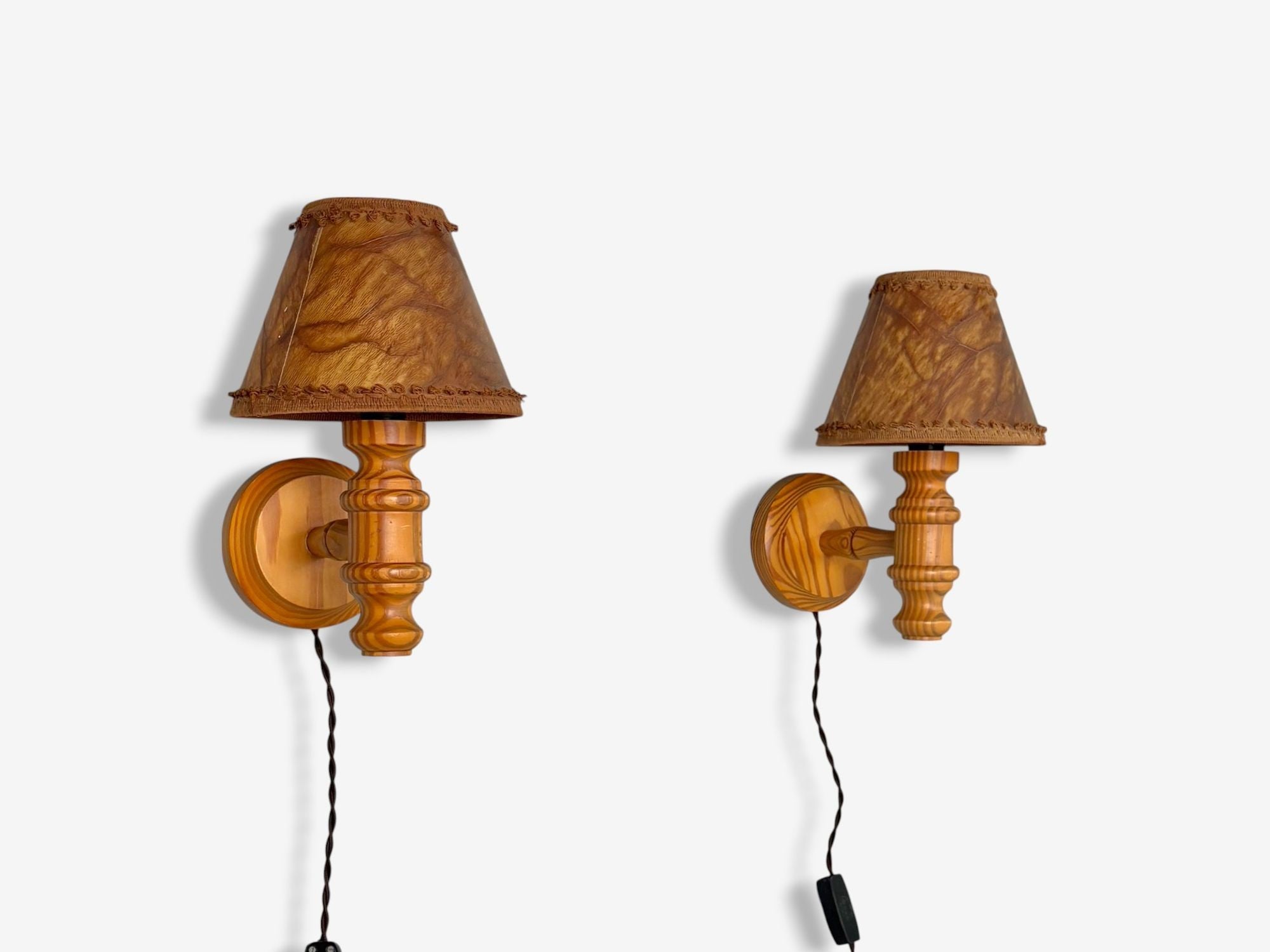 Swedish Modern, Pine, Brown Parchment, Wall Sconces, Sweden, 1970s