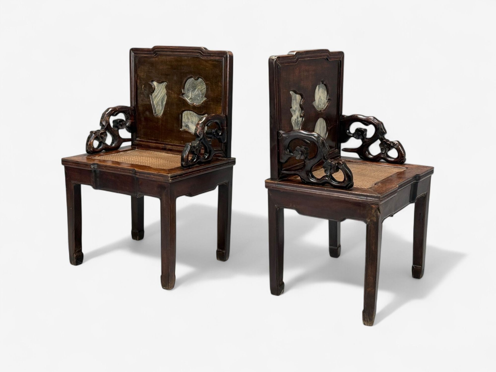 Qing Dynasty Style, Hardwood, Cane, Marble, Chinese Armchairs, China, 19th c.
