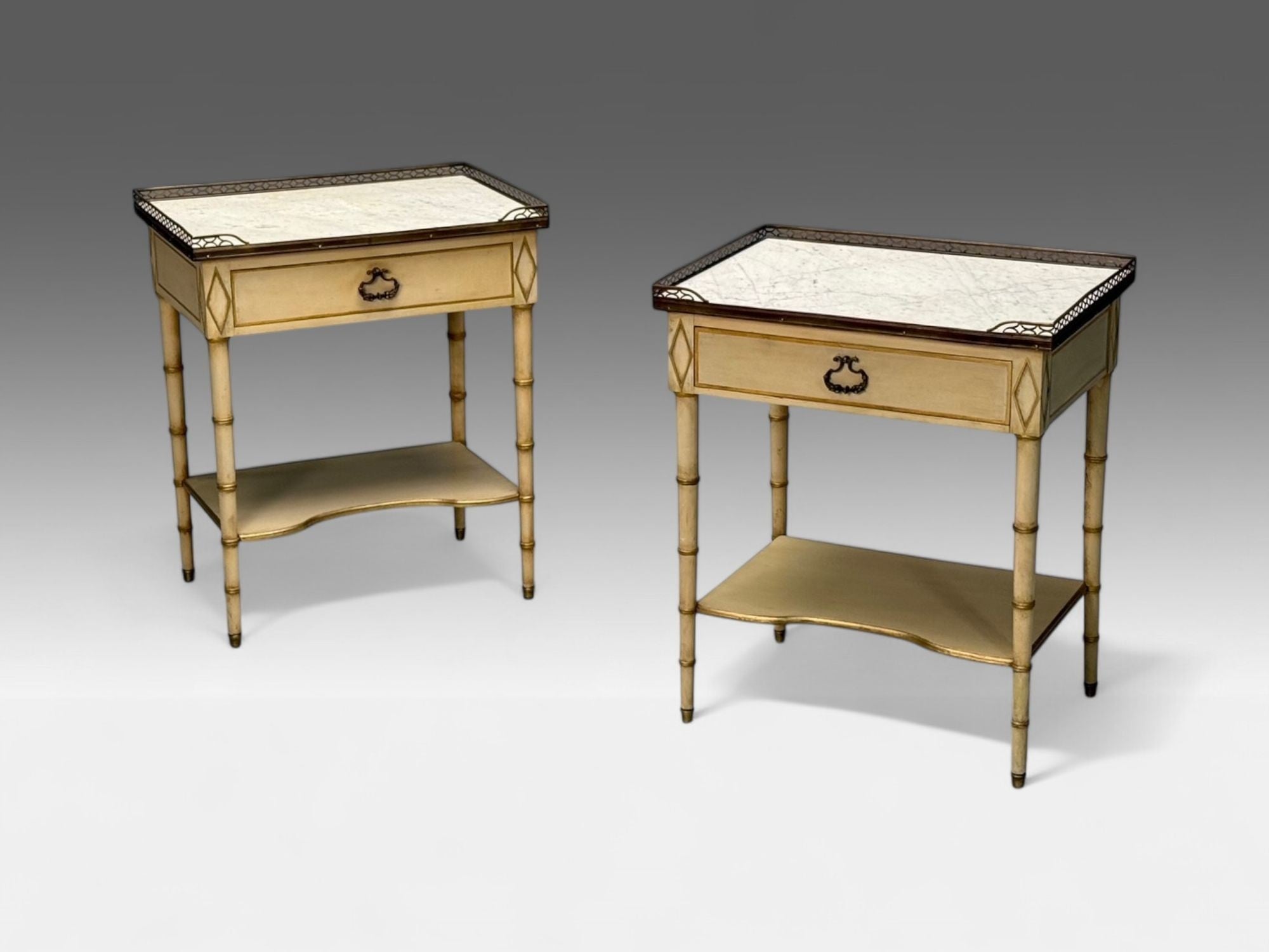 Kittinger, Hollywood Regency Style, Nightstands, Faux Bamboo Painted Wood, Brass