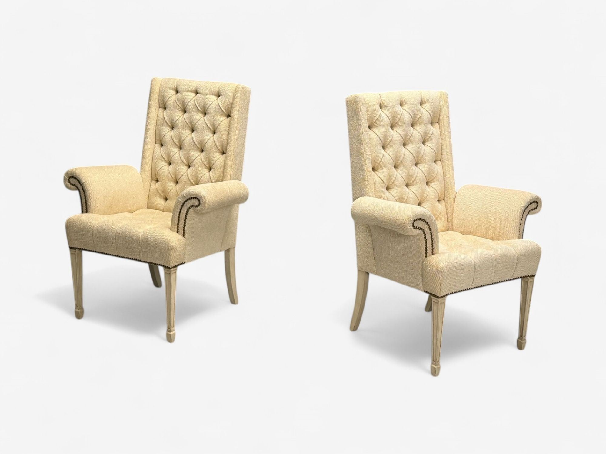 Grosfeld House, Hollywood Regency, Rolled Arm Chairs, Painted Wood, Tweed Linen