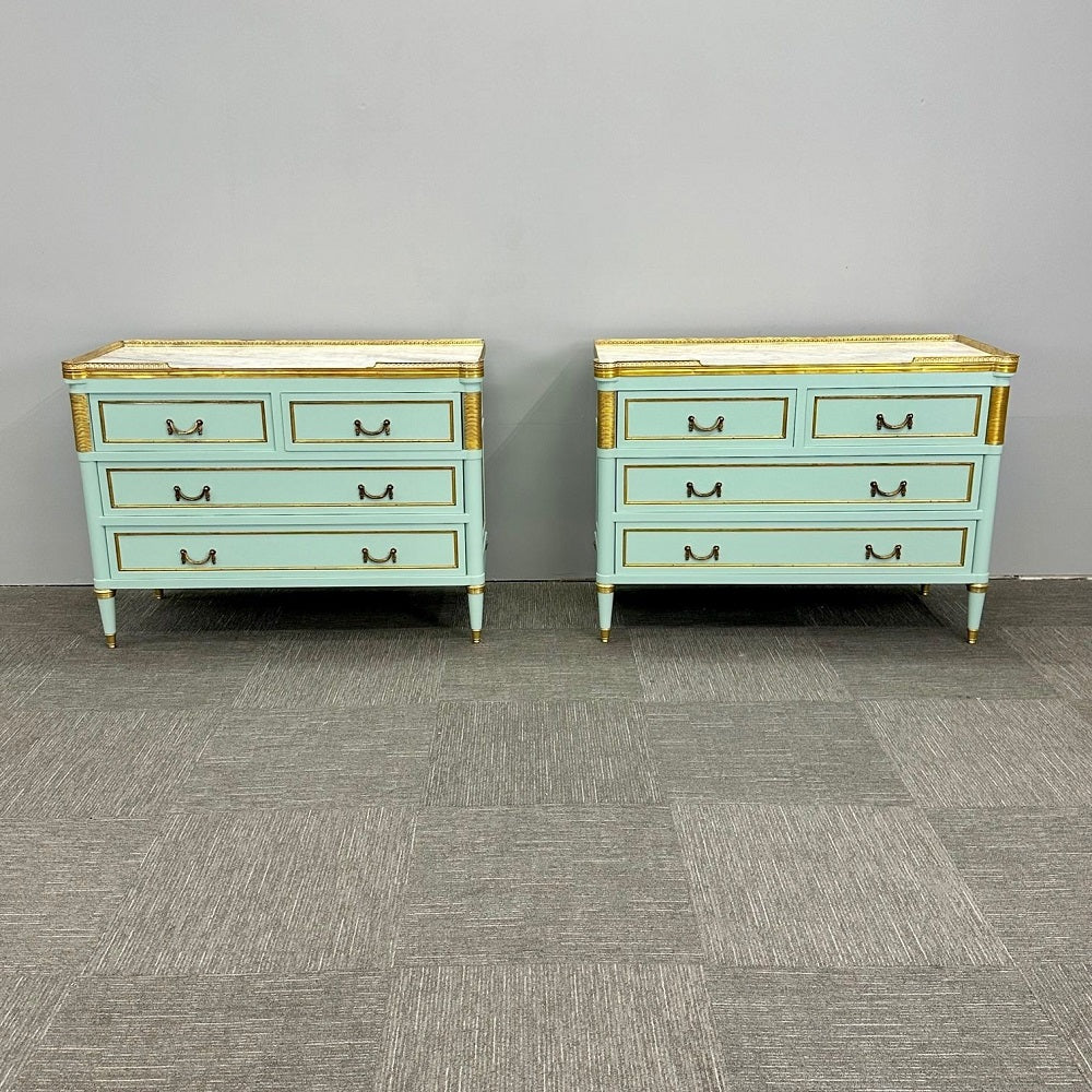 Louis XVI Hollywood Regency Jansen Style Mint Green Commodes / Nightstands